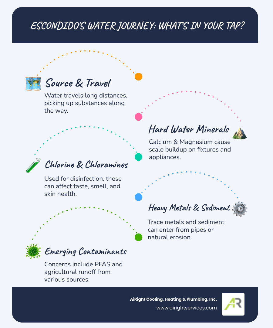 infographic showing the water treatment process from municipal source to home tap, highlighting filtration stages and common contaminants removed at each point - best water filtration company in escondido ca infographic infographic-line-5-steps-blues-accent_colors