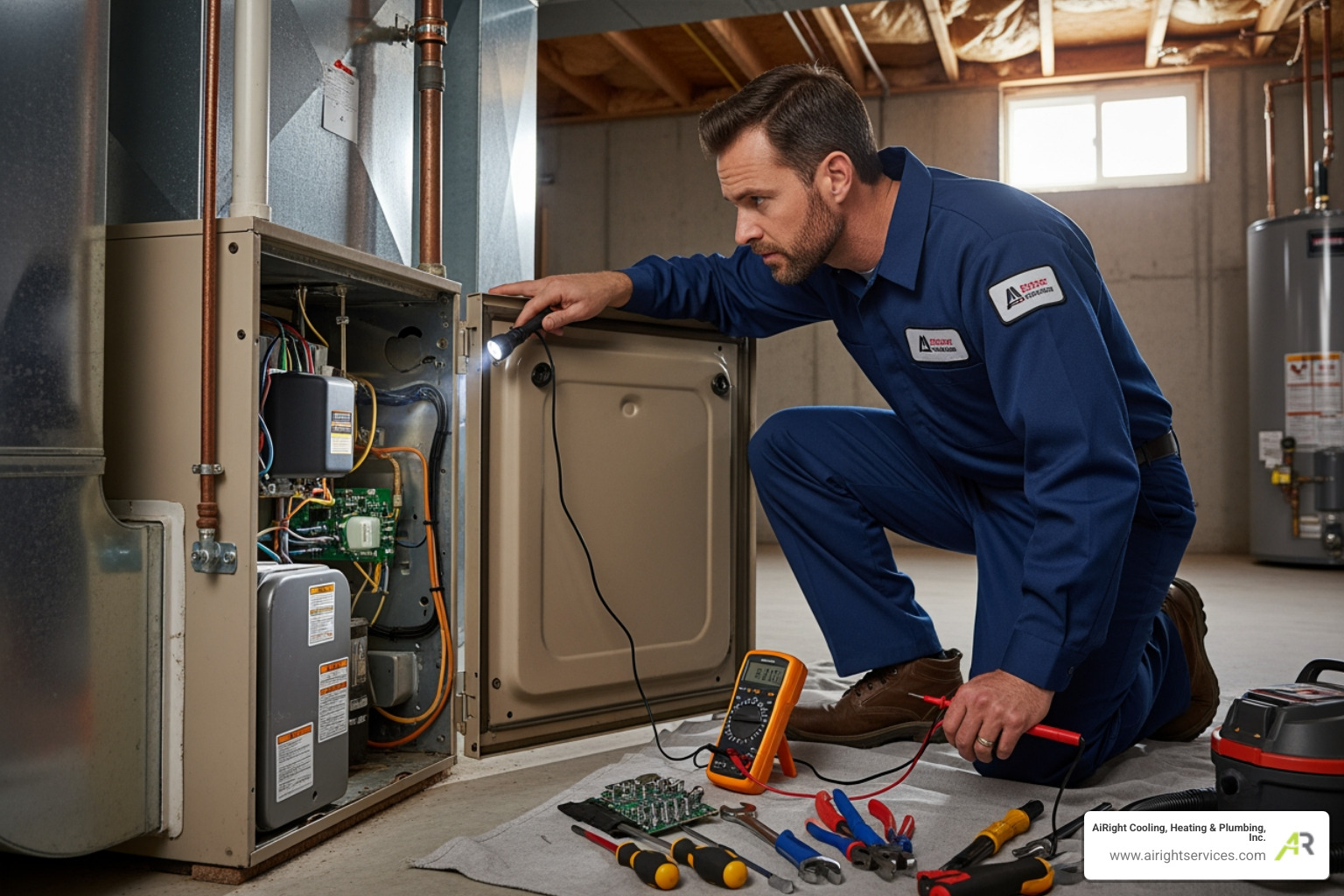 Professional technician diagnosing a furnace - heating repair in chula vista ca Professional technician diagnosing a furnace - heating repair in chula vista ca