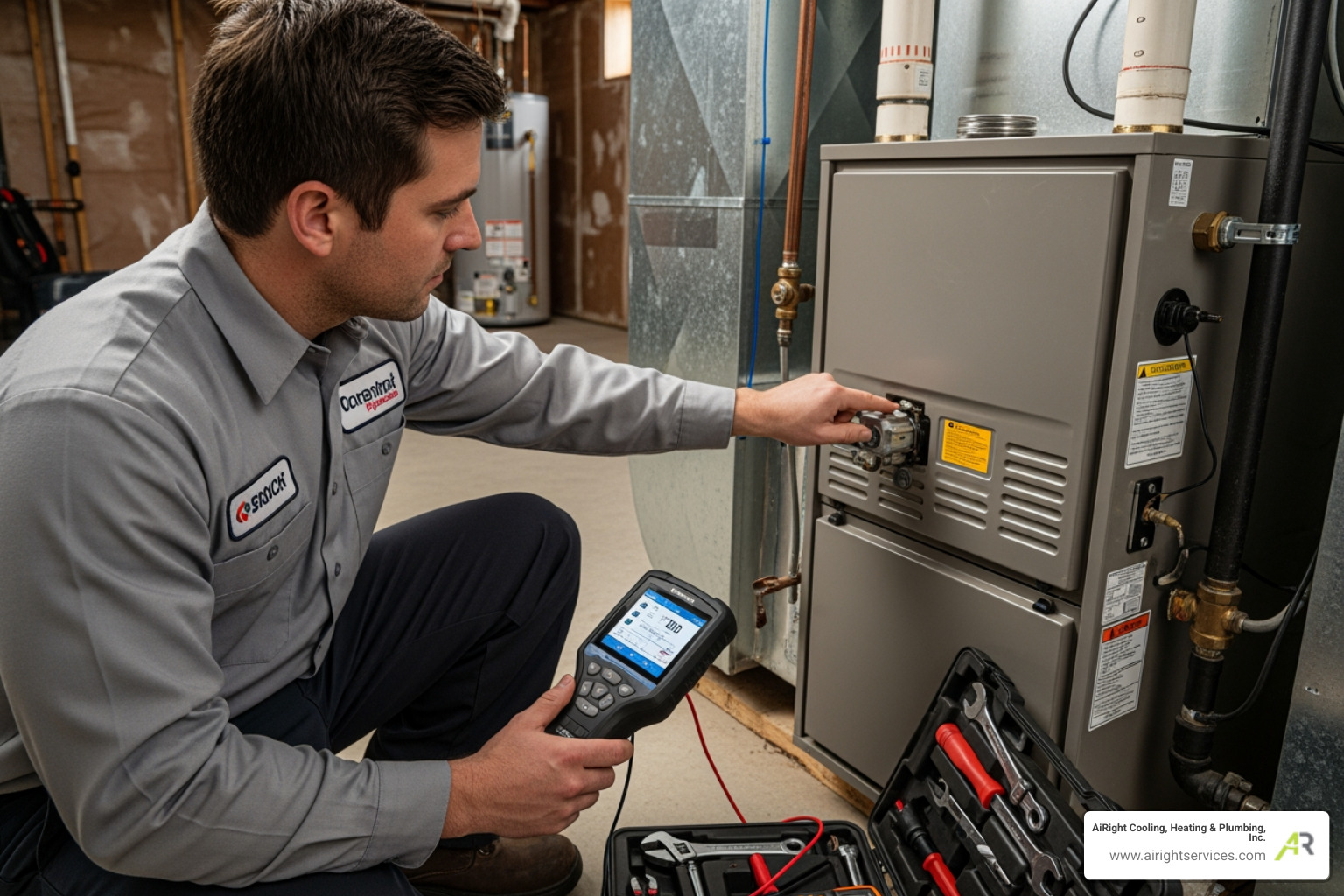 technician using a diagnostic tool on a furnace - certified heating technician in oceanside ca