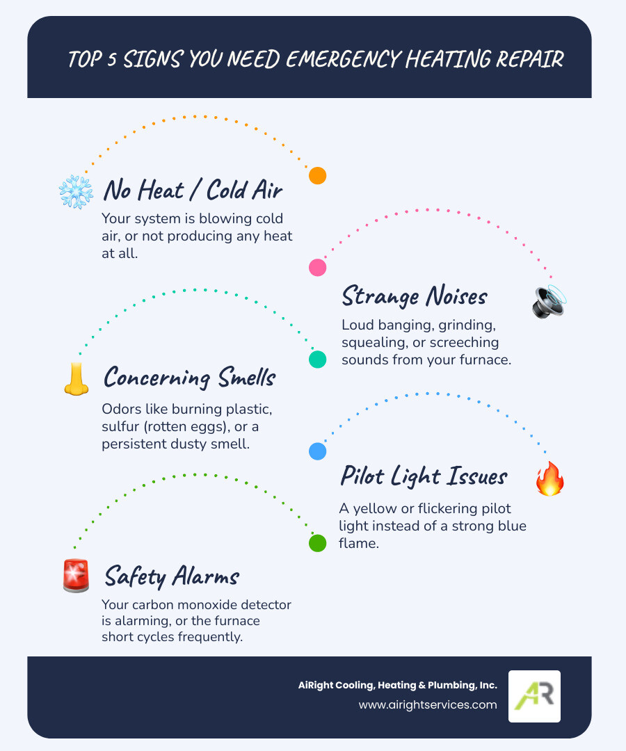 Infographic showing the top 5 signs you need emergency heating repair: 1) No heat coming from vents or only cold air blowing, 2) Strange loud noises like banging grinding or squealing, 3) Burning smell or rotten egg odor indicating potential gas leak, 4) Yellow or flickering pilot light instead of blue flame, 5) Carbon monoxide detector alarming or frequent system short cycling - emergency heating repair in lake elsinore ca infographic infographic-line-5-steps-blues-accent_colors Infographic showing the top 5 signs you need emergency heating repair: 1) No heat coming from vents or only cold air blowing, 2) Strange loud noises like banging grinding or squealing, 3) Burning smell or rotten egg odor indicating potential gas leak, 4) Yellow or flickering pilot light instead of blue flame, 5) Carbon monoxide detector alarming or frequent system short cycling - emergency heating repair in lake elsinore ca infographic infographic-line-5-steps-blues-accent_colors