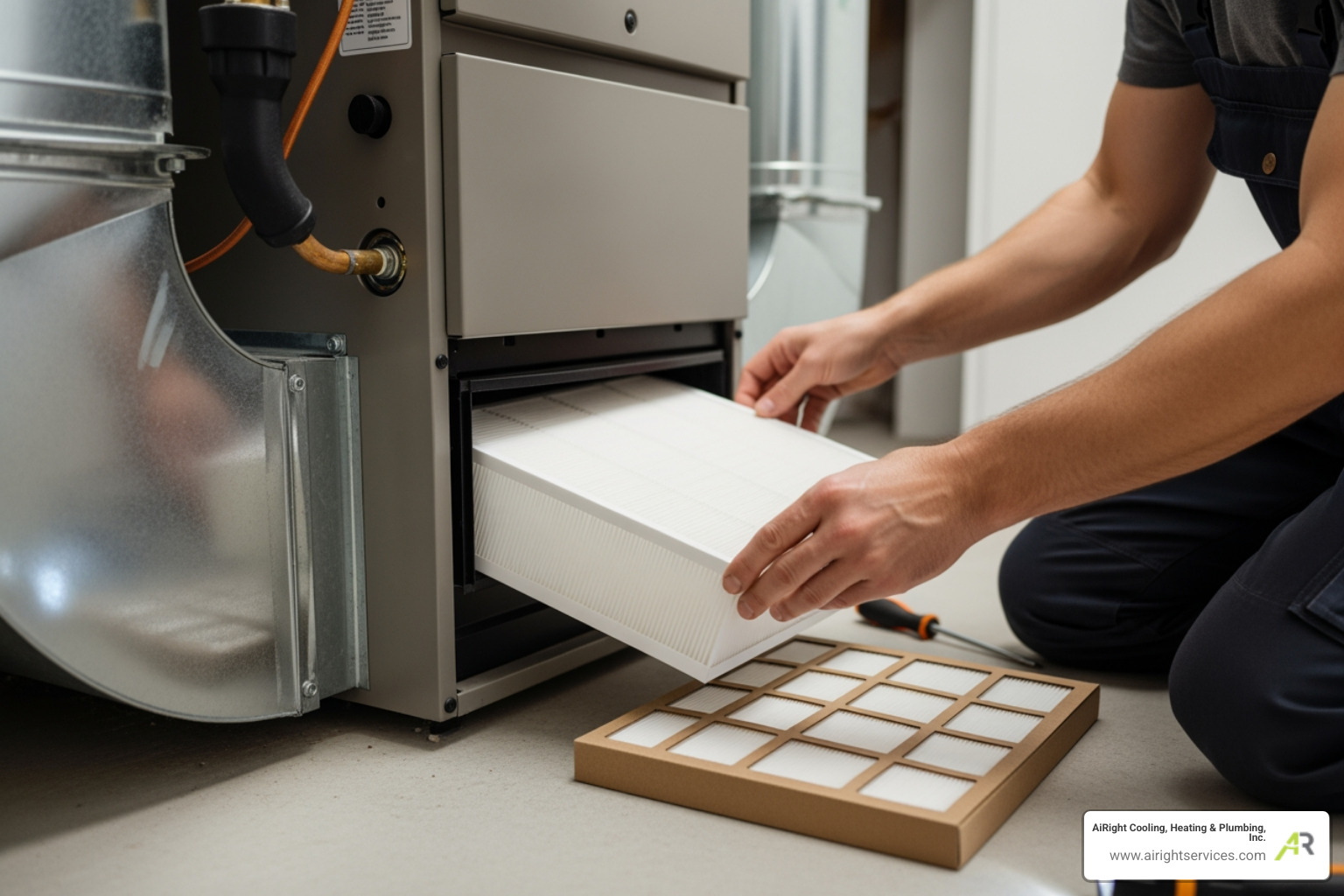 A homeowner replacing a clean air filter in their furnace - emergency heating repair in lake elsinore ca A homeowner replacing a clean air filter in their furnace - emergency heating repair in lake elsinore ca