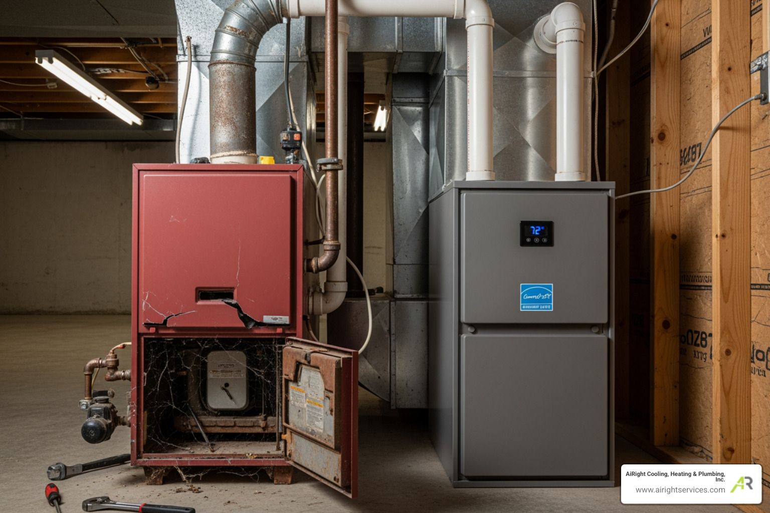 old, inefficient furnace contrasted with a sleek, modern unit - heating upgrade in mission hills ca
