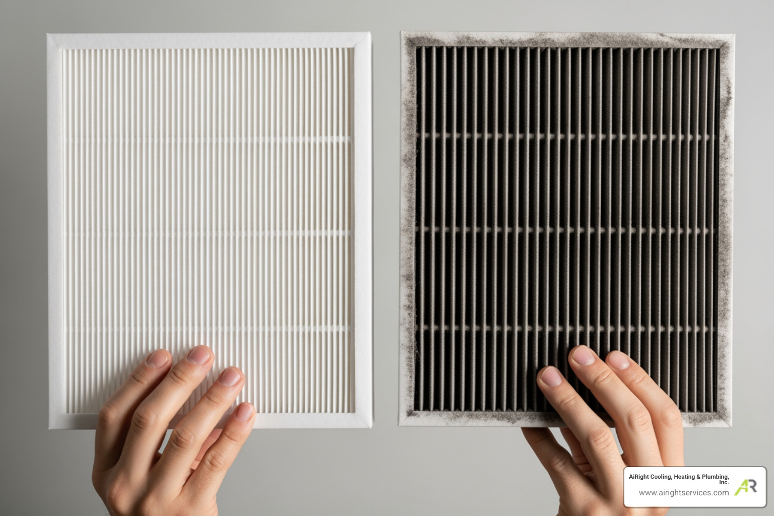 a clean HVAC filter being held next to a dirty one - emergency heating repair in poway ca a clean HVAC filter being held next to a dirty one - emergency heating repair in poway ca