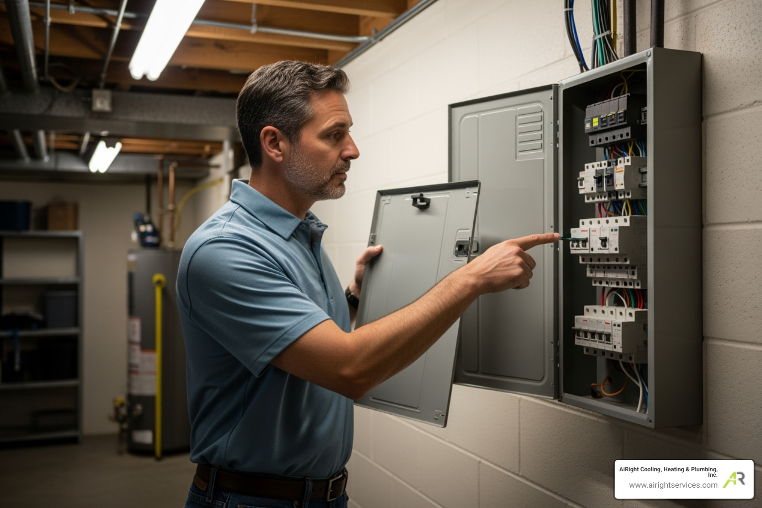 a homeowner safely checking a circuit breaker panel - emergency heating repair in poway ca a homeowner safely checking a circuit breaker panel - emergency heating repair in poway ca