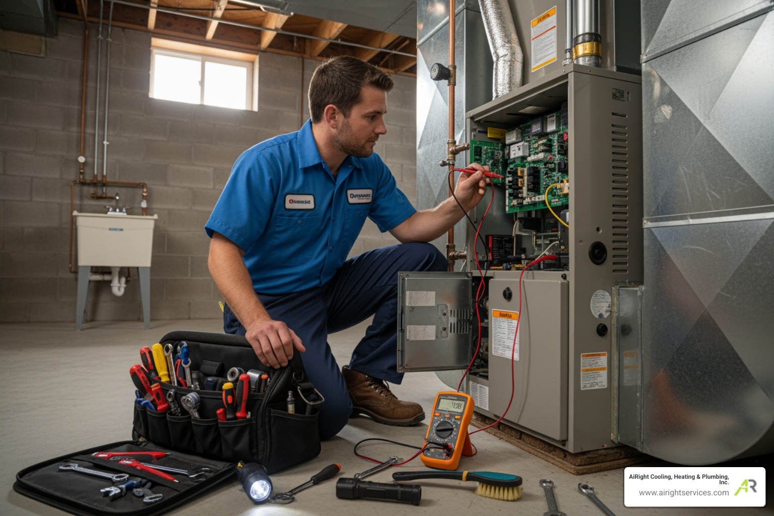 Technician performing a furnace tune-up - certified heating technician in escondido ca Technician performing a furnace tune-up - certified heating technician in escondido ca