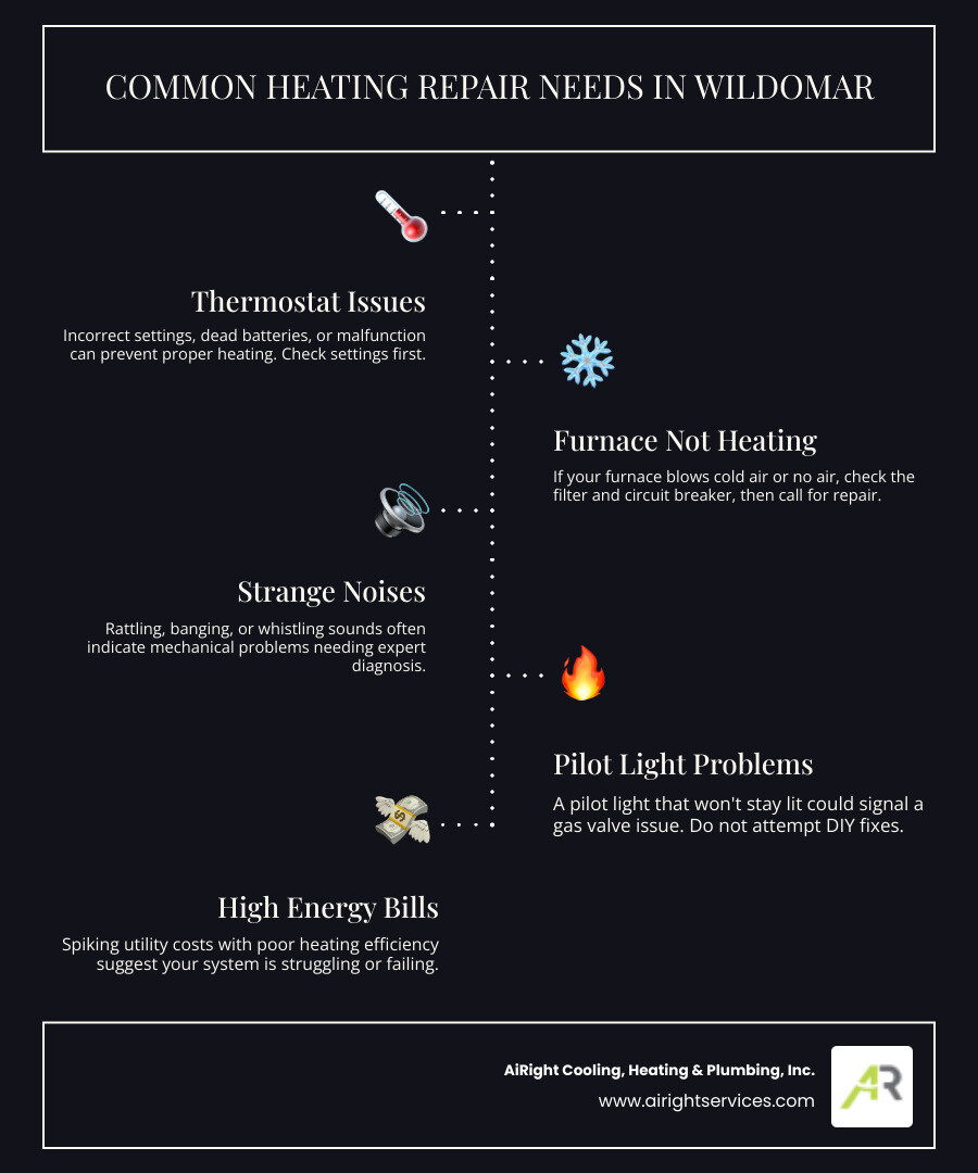 infographic showing common heating repair needs in Wildomar: thermostat issues, furnace not producing heat, strange noises from system, pilot light problems, and high energy bills with recommended first steps and when to call a professional - heating repair in wildomar ca infographic infographic-line-5-steps-dark infographic showing common heating repair needs in Wildomar: thermostat issues, furnace not producing heat, strange noises from system, pilot light problems, and high energy bills with recommended first steps and when to call a professional - heating repair in wildomar ca infographic infographic-line-5-steps-dark