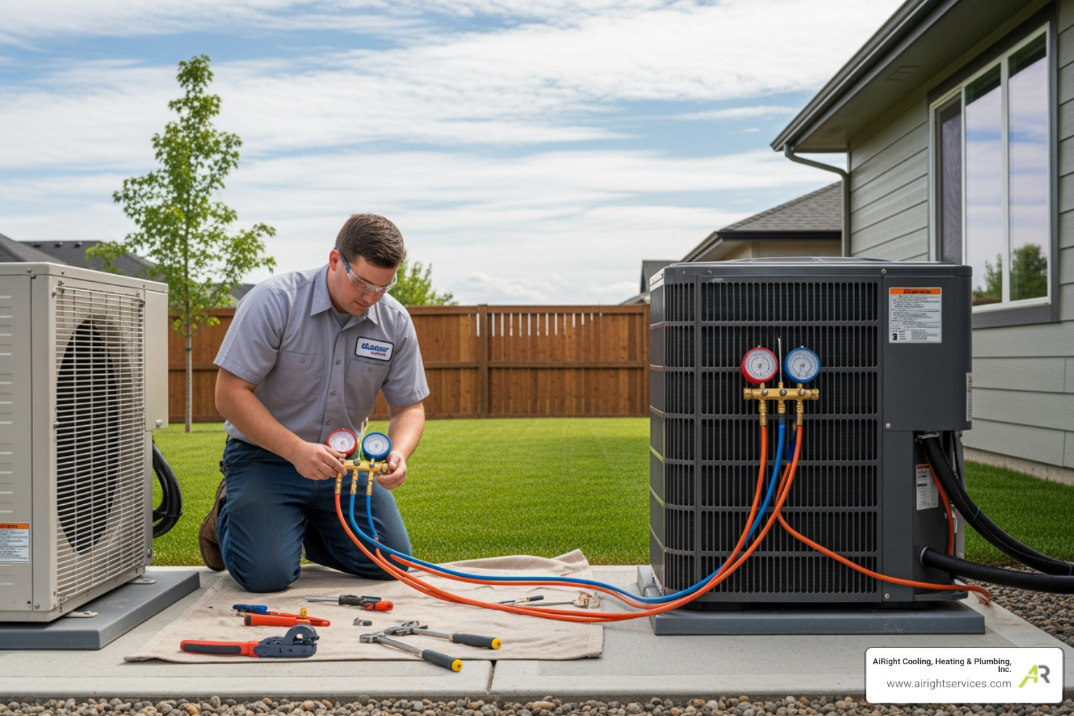 Certified HVAC technician installing an outdoor heat pump unit - best heat pumps company in vista ca Certified HVAC technician installing an outdoor heat pump unit - best heat pumps company in vista ca