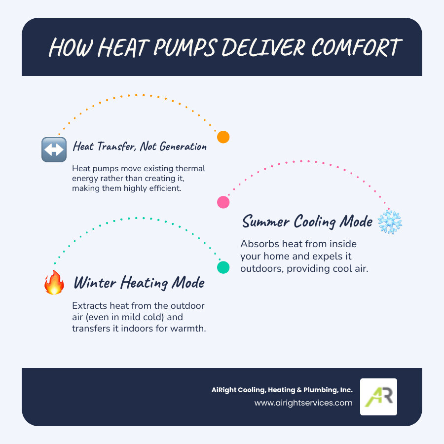 infographic showing how a heat pump transfers heat from outside air into a home during winter and reverses the process in summer, with arrows indicating refrigerant flow, indoor and outdoor coils, compressor, and thermostat control for dual heating and cooling functionality - best heat pumps company in imperial beach ca infographic infographic-line-3-steps-blues-accent_colors