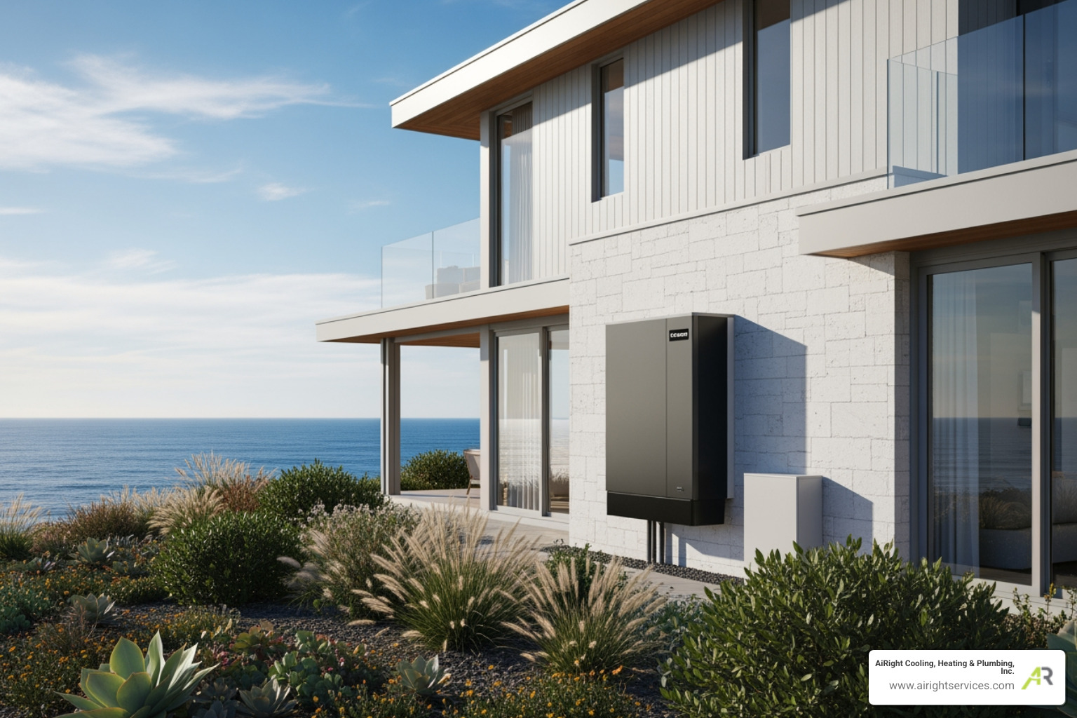 sleek modern heat pump unit on the side of a coastal home - best heat pumps company in imperial beach ca