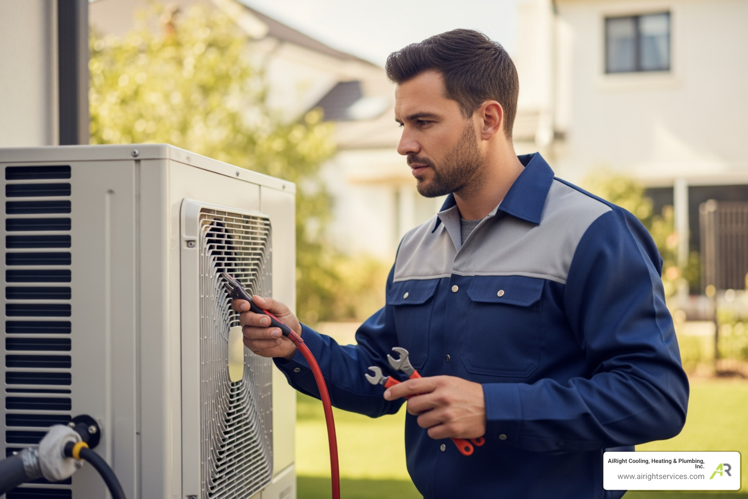 Professional technician with tools inspecting an outdoor heat pump unit - residential heat pumps repair in riverside ca Professional technician with tools inspecting an outdoor heat pump unit - residential heat pumps repair in riverside ca
