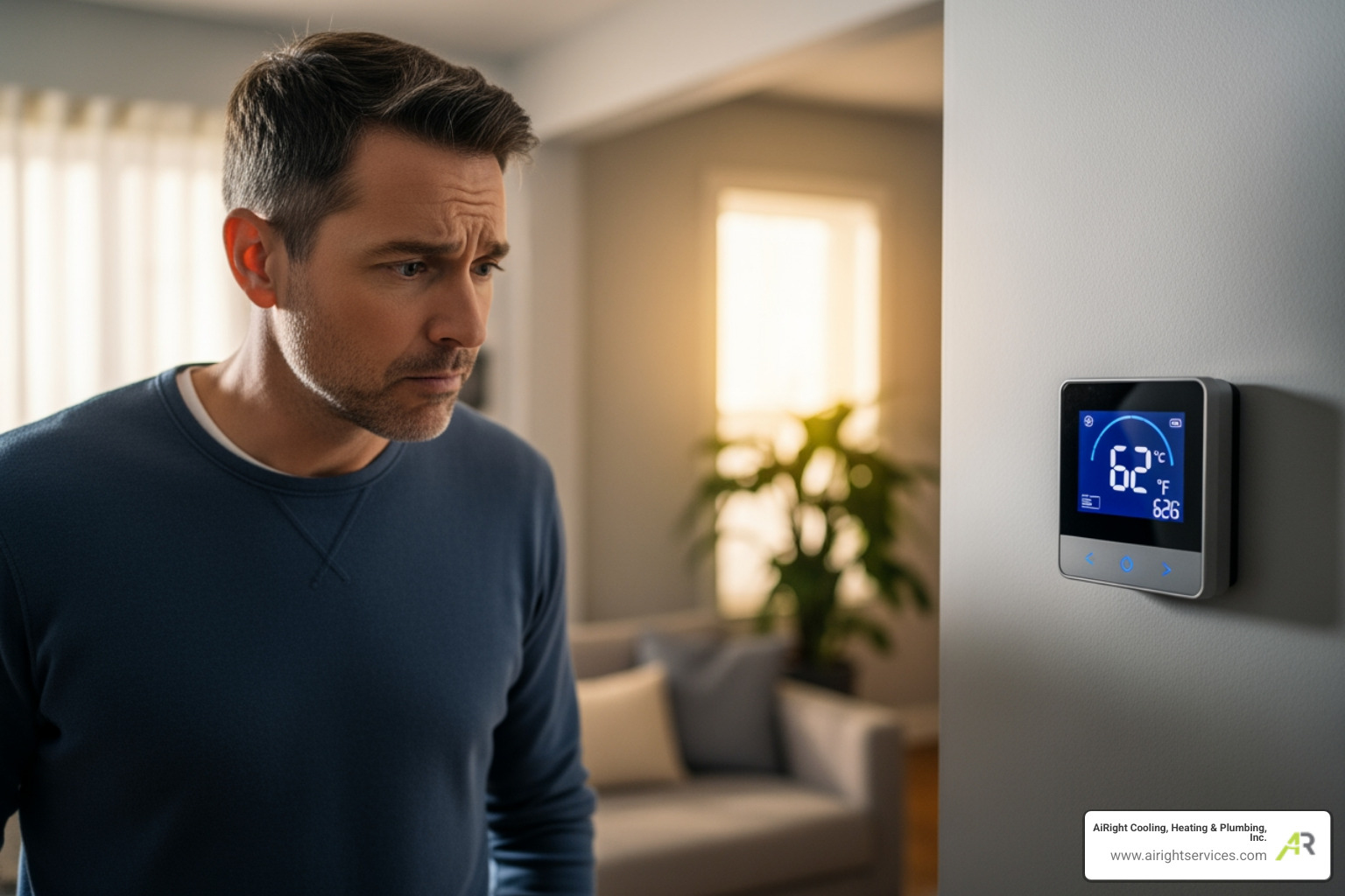 Homeowner looking concerned at their thermostat - residential heat pumps repair in riverside ca Homeowner looking concerned at their thermostat - residential heat pumps repair in riverside ca