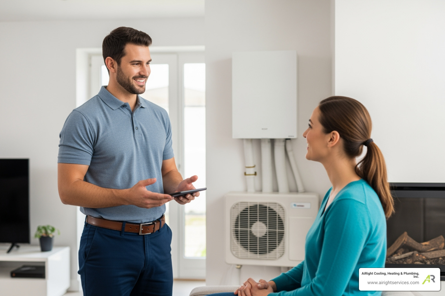 friendly technician talking with a homeowner - best heat pumps company in spring valley ca friendly technician talking with a homeowner - best heat pumps company in spring valley ca