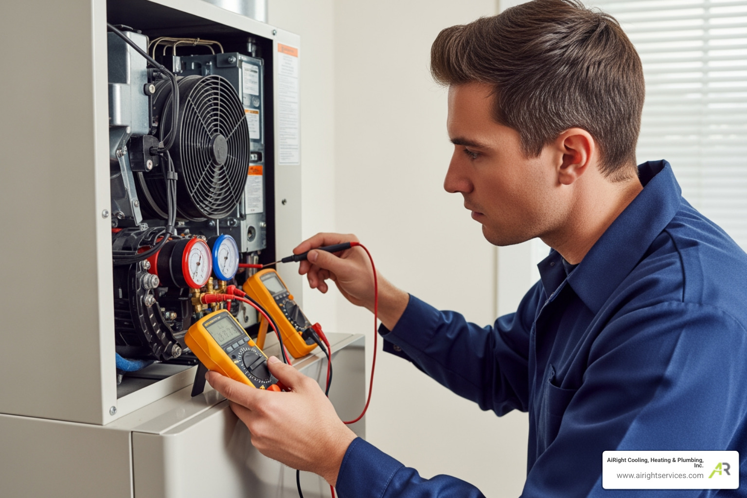 A technician professionally diagnosing an indoor air handler unit - heat pumps repair in temecula ca A technician professionally diagnosing an indoor air handler unit - heat pumps repair in temecula ca