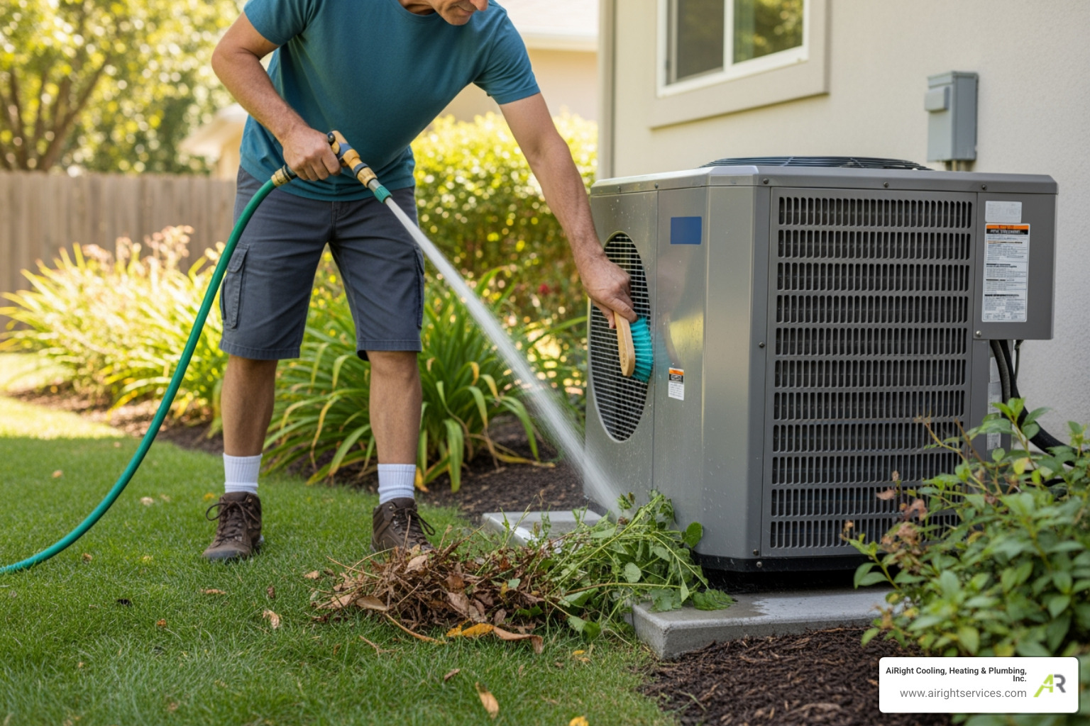 A homeowner cleaning the area around their outdoor heat pump unit - heat pumps repair in temecula ca A homeowner cleaning the area around their outdoor heat pump unit - heat pumps repair in temecula ca