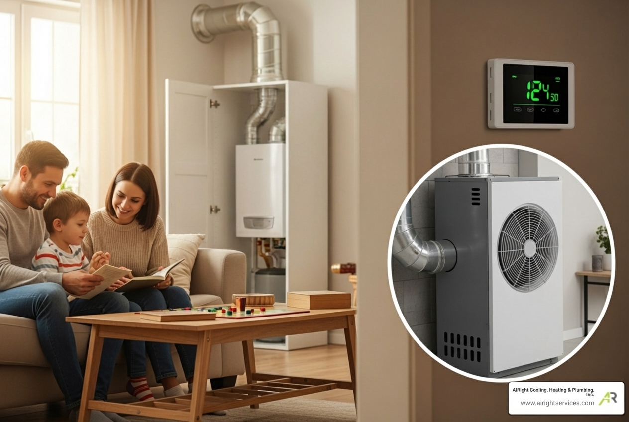 infographic showing three circular icons: a shield labeled Safety with carbon monoxide detector, a dollar sign labeled Efficiency with decreasing energy bills graph, and a calendar labeled Longevity with extended equipment lifespan timeline - heating inspection in oceanside ca