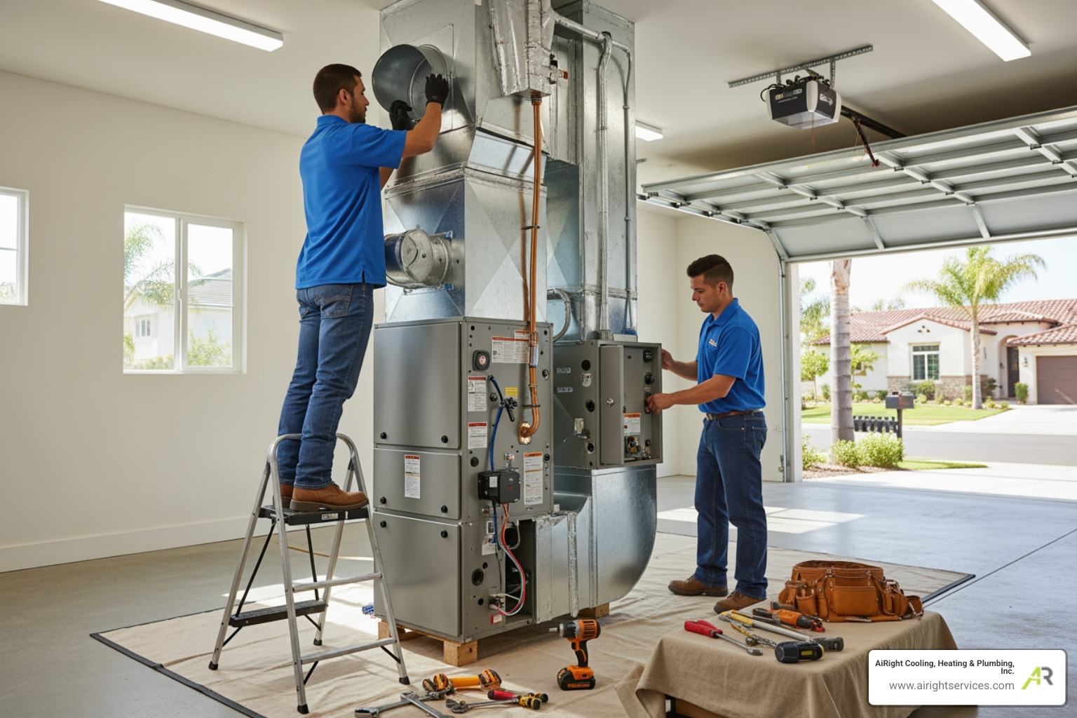 infographic showing five warning signs your furnace needs replacement: age over 15 years, frequent breakdowns and repair calls, rising energy bills without usage changes, uneven temperatures between rooms, and strange noises like banging or grinding - furnace installation in rancho bernardo ca