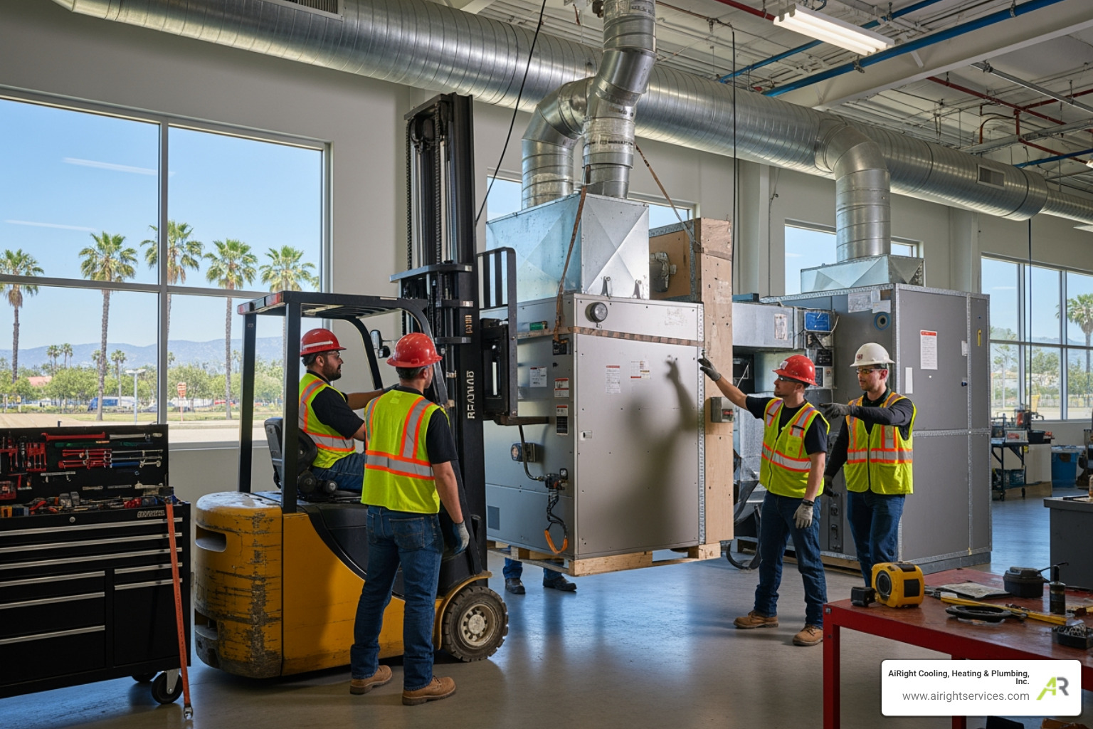 Infographic showing the benefits of professional commercial furnace installation: improved energy efficiency (up to 20% savings), extended equipment lifespan (10-15 years with proper maintenance), enhanced indoor air quality, consistent temperature control across all zones, reduced downtime and repair costs, compliance with local building codes, and protection of temperature-sensitive inventory - commercial furnace installation in corona, ca