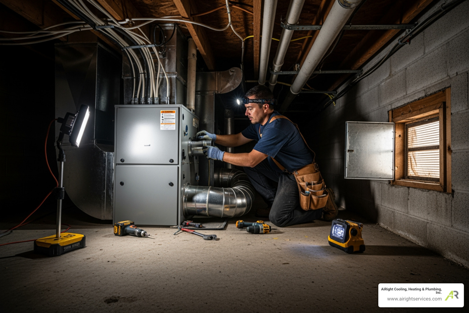 Infographic showing 5 critical signs your furnace needs emergency replacement: cracked heat exchanger with carbon monoxide risk, furnace age exceeding 15 years, complete system failure with no heat output, yellow pilot light flame instead of blue, and escalating repair costs approaching replacement value - emergency furnace installation in chula vista, ca