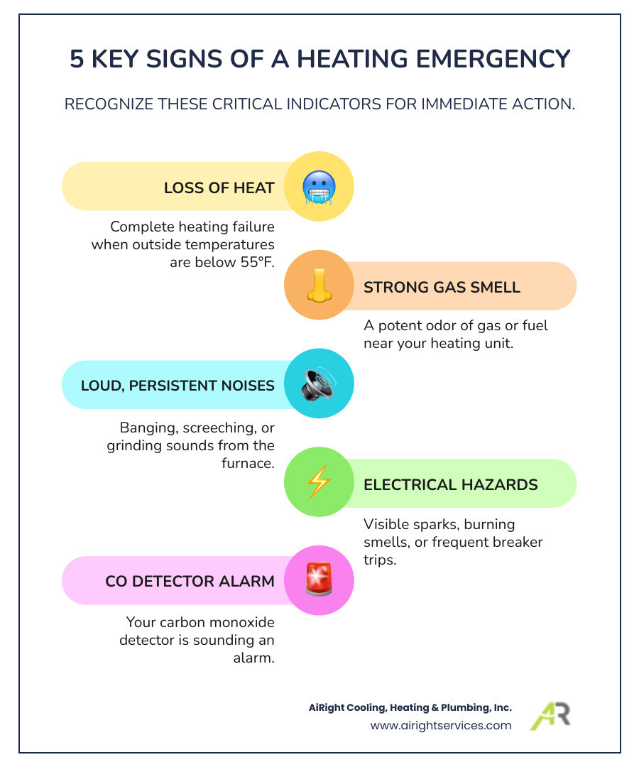 Infographic showing five key signs of a heating emergency: complete loss of heat with outdoor temperatures below 55°F, strong smell of gas or fuel, loud banging or screeching noises from the unit, visible sparks or frequent breaker trips, and carbon monoxide detector alarm sounding - 24/7 heating repair in vista ca infographic infographic-line-5-steps-colors Infographic showing five key signs of a heating emergency: complete loss of heat with outdoor temperatures below 55°F, strong smell of gas or fuel, loud banging or screeching noises from the unit, visible sparks or frequent breaker trips, and carbon monoxide detector alarm sounding - 24/7 heating repair in vista ca infographic infographic-line-5-steps-colors