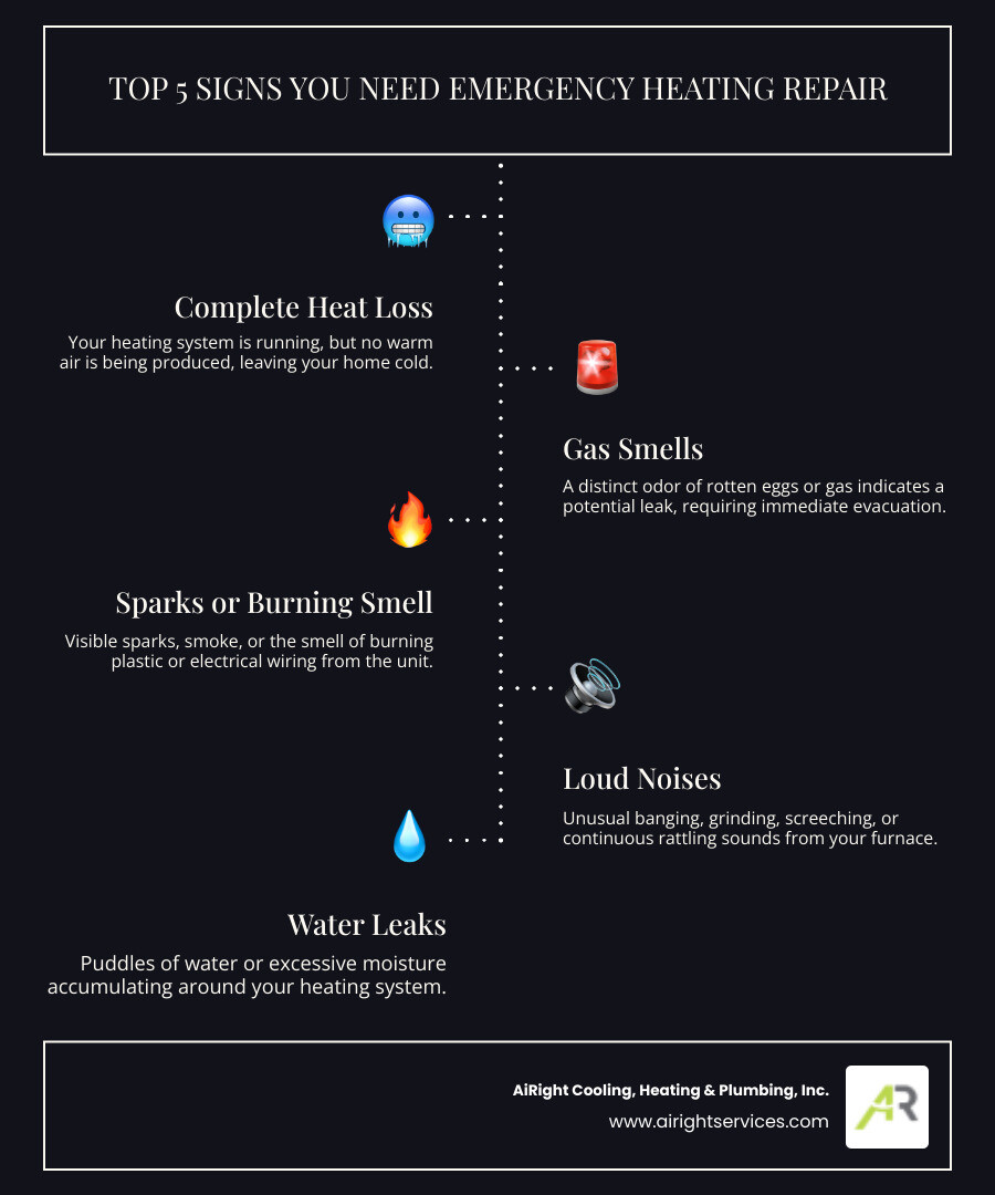 infographic showing five warning signs of heating emergency: complete loss of heat with thermostat icon, gas smell with alert symbol, sparks or burning smell with fire icon, loud banging or grinding sounds with sound wave icon, and water pooling near unit with water droplet icon - 24/7 heating repair in carlsbad ca infographic infographic-line-5-steps-dark infographic showing five warning signs of heating emergency: complete loss of heat with thermostat icon, gas smell with alert symbol, sparks or burning smell with fire icon, loud banging or grinding sounds with sound wave icon, and water pooling near unit with water droplet icon - 24/7 heating repair in carlsbad ca infographic infographic-line-5-steps-dark