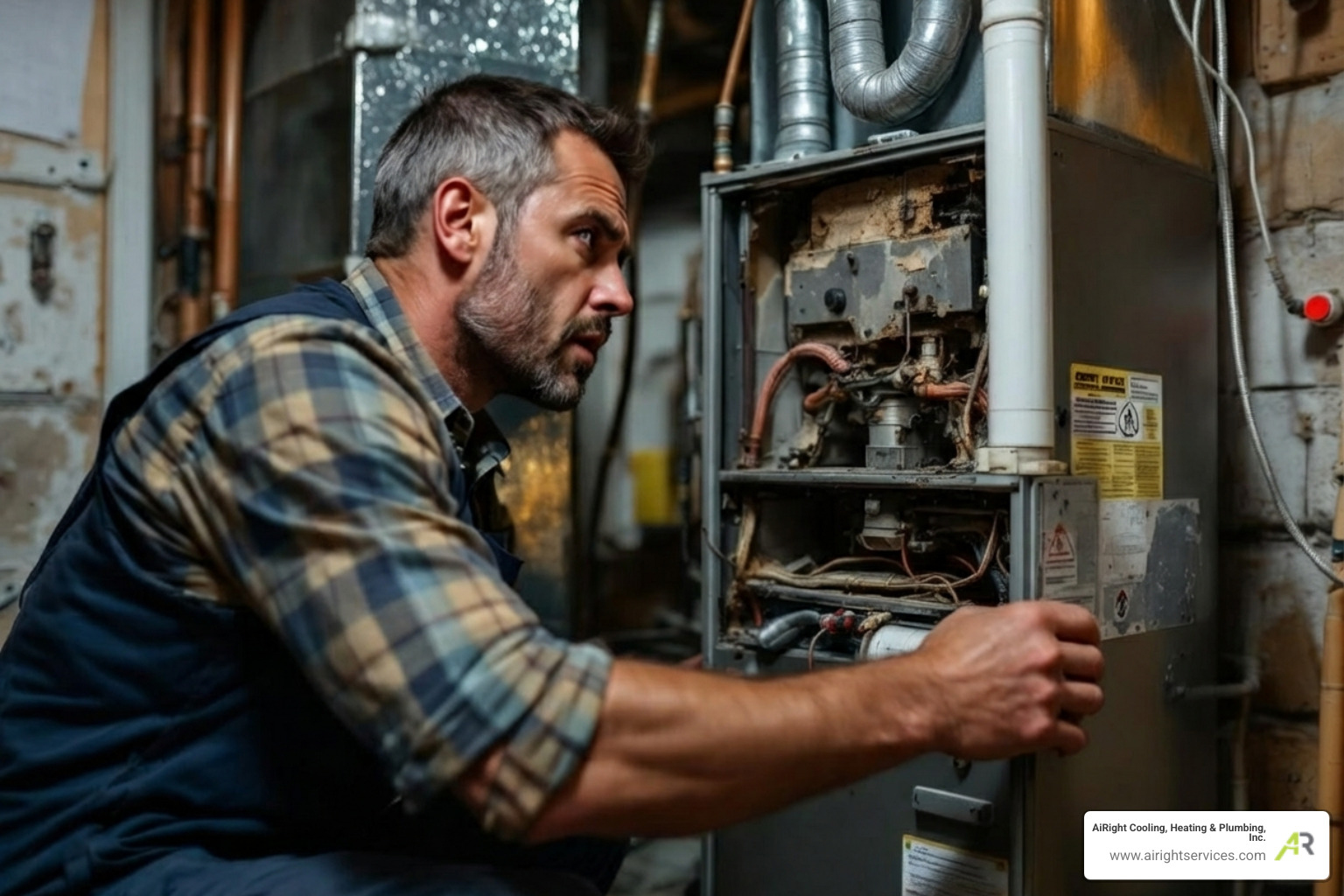 infographic showing signs your furnace needs replacement including system age over 15 years, frequent repairs, rising energy bills, uneven heating, strange noises, and yellow pilot light with corresponding icons - heating replacement in coronado ca