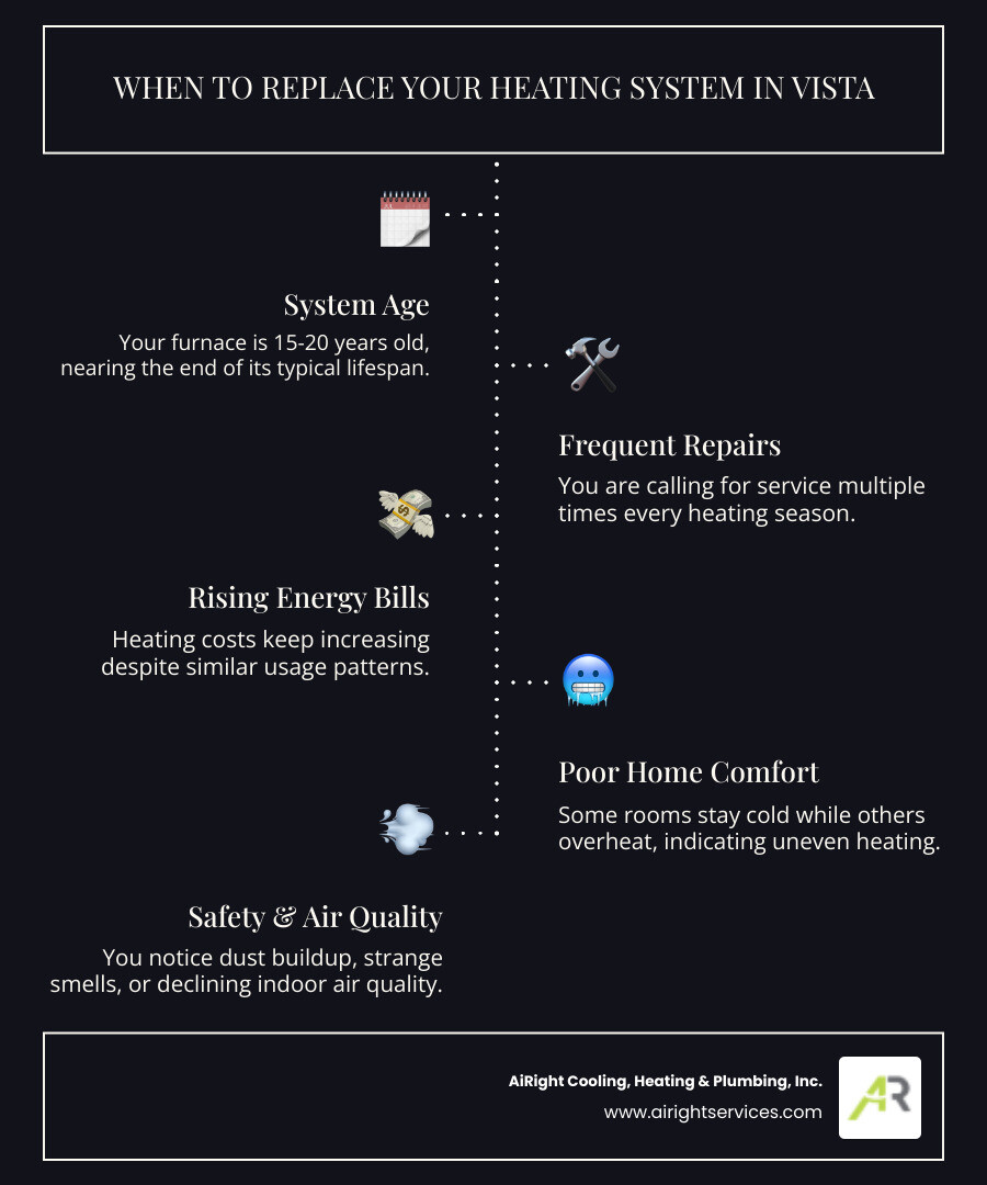 infographic showing the top 7 signs you need heating replacement including system age over 15 years, frequent repair calls, rising energy bills, uneven heating throughout home, strange noises like banging or squealing, visible rust or cracks, and increased dust or poor air quality - heating replacement in vista ca infographic infographic-line-5-steps-dark