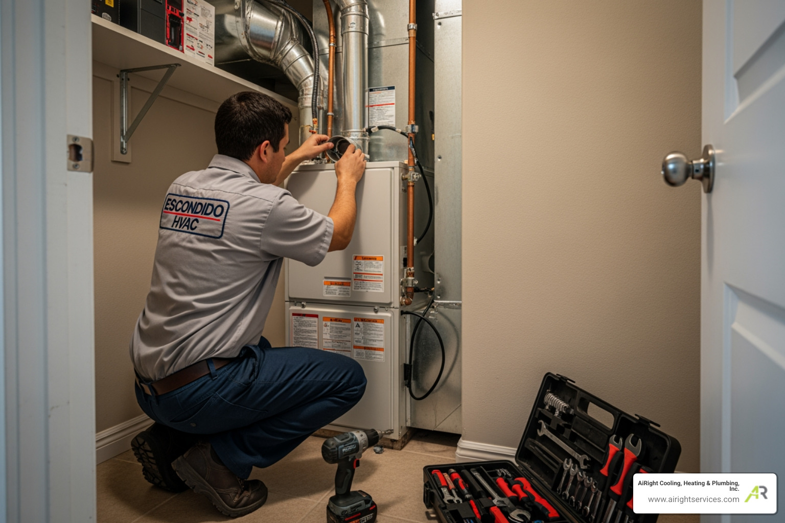 Infographic showing emergency furnace installation steps: 1. Identify the emergency (gas smell, no heat, strange noises), 2. Ensure safety (turn off furnace, shut gas valve, ventilate), 3. Call 24/7 HVAC service, 4. Get professional diagnosis, 5. Approve installation, 6. Technician installs and tests new system, 7. Enjoy restored comfort - emergency furnace installation in escondido, ca Infographic showing emergency furnace installation steps: 1. Identify the emergency (gas smell, no heat, strange noises), 2. Ensure safety (turn off furnace, shut gas valve, ventilate), 3. Call 24/7 HVAC service, 4. Get professional diagnosis, 5. Approve installation, 6. Technician installs and tests new system, 7. Enjoy restored comfort - emergency furnace installation in escondido, ca