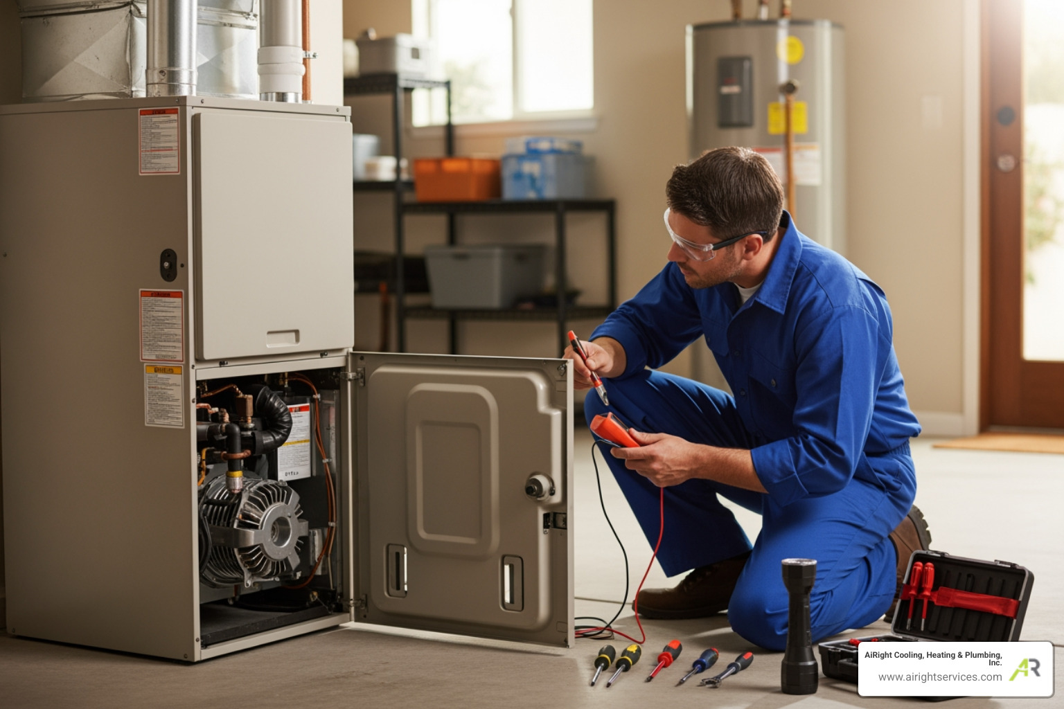 infographic showing five key benefits of annual furnace maintenance including improved energy efficiency with up to 15% savings, reduced breakdown risk by 50%, extended system lifespan by 5-10 years, better indoor air quality through dust and allergen removal, and enhanced safety through carbon monoxide and gas leak detection - furnace maintenance in rancho bernardo ca