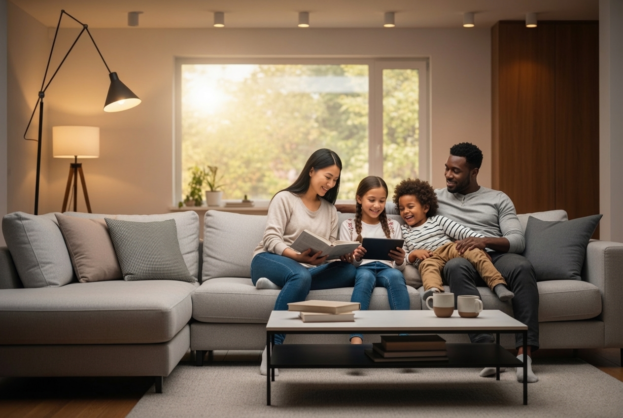 comfortable family in warm modern living room - heating repair in carlsbad ca