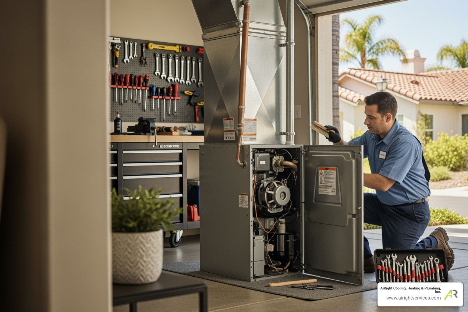 Infographic showing how annual furnace maintenance reduces energy bills by improving efficiency, prevents costly emergency repairs by catching small issues early, and extends system lifespan through regular cleaning and component care - affordable furnace maintenance in rancho bernardo, ca