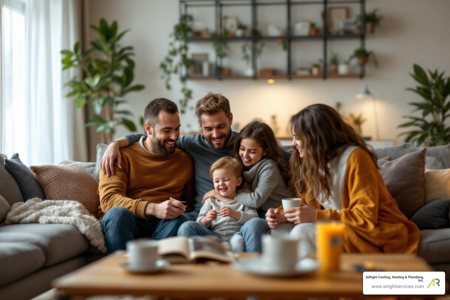A family enjoying a warm, comfortable living room in a modern home - affordable furnace installation in rancho bernardo, ca