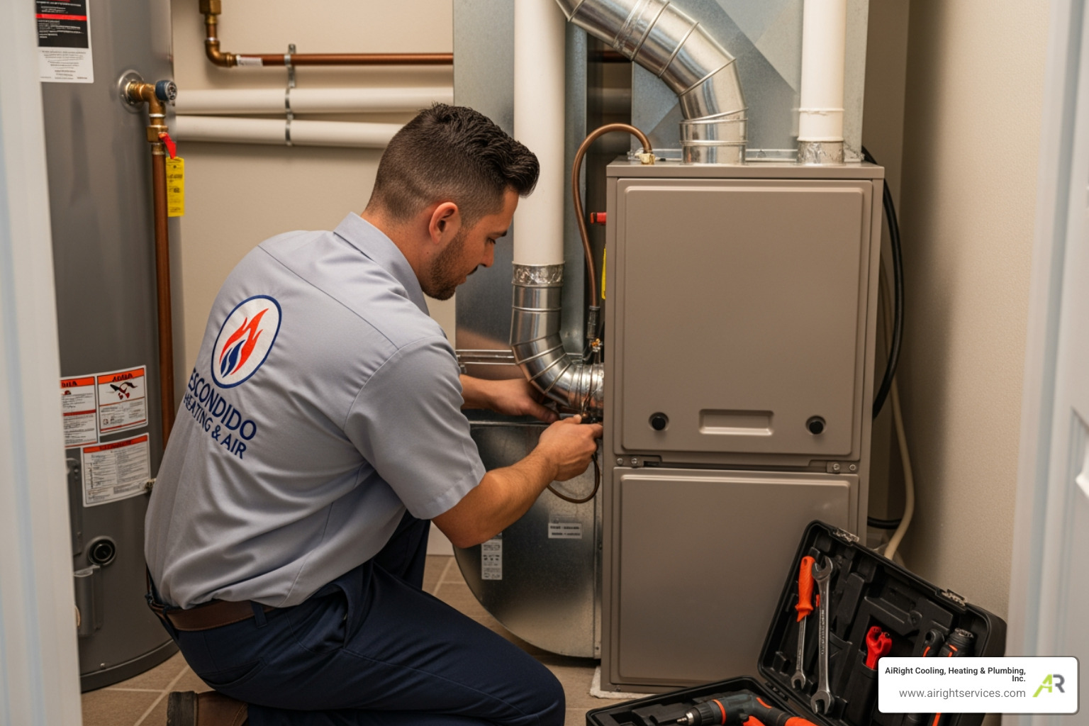 infographic showing five key signs you need furnace replacement: system age over 15 years, frequent repair needs, rising energy bills, uneven home heating, and strange noises or odors - affordable furnace installation in escondido, ca