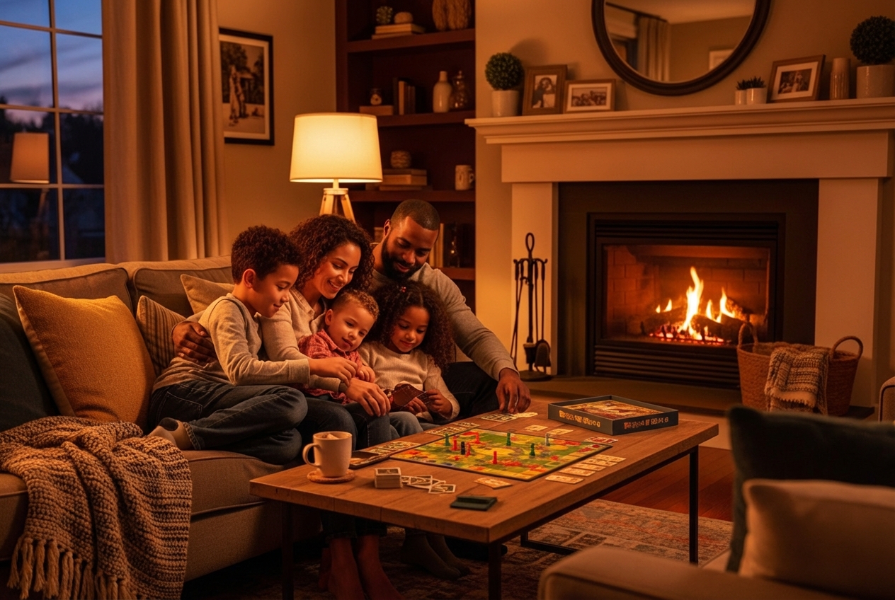 family relaxing in warm living room - furnace replacement in carlsbad ca
