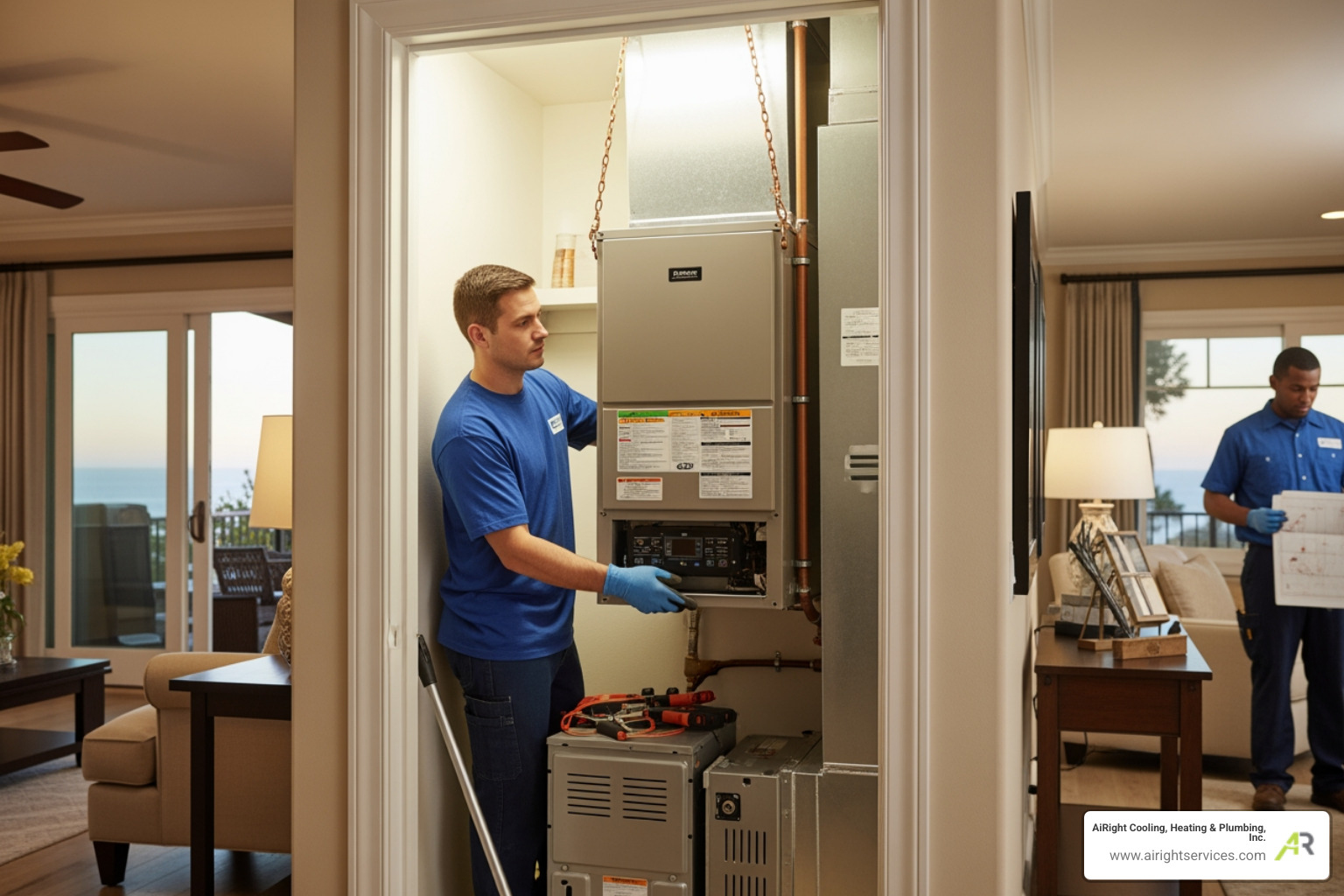 infographic showing five warning signs of furnace failure: age over 15 years, rising energy bills chart, frequent repair callouts, uneven room temperatures diagram, and strange noises or odors icons - furnace replacement in carlsbad ca