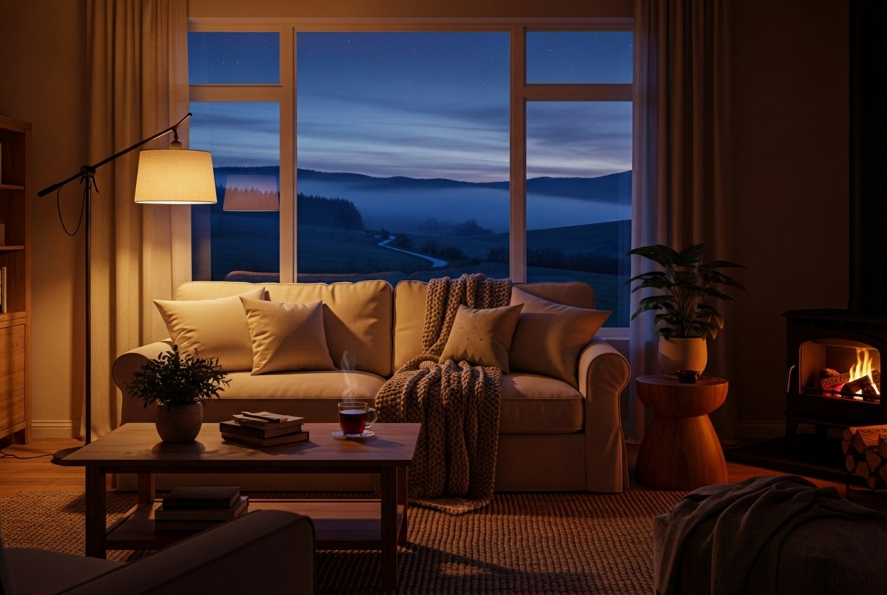comfortable living room with warm lighting and window showing cool evening - best furnace replacement in lakeside, ca comfortable living room with warm lighting and window showing cool evening - best furnace replacement in lakeside, ca