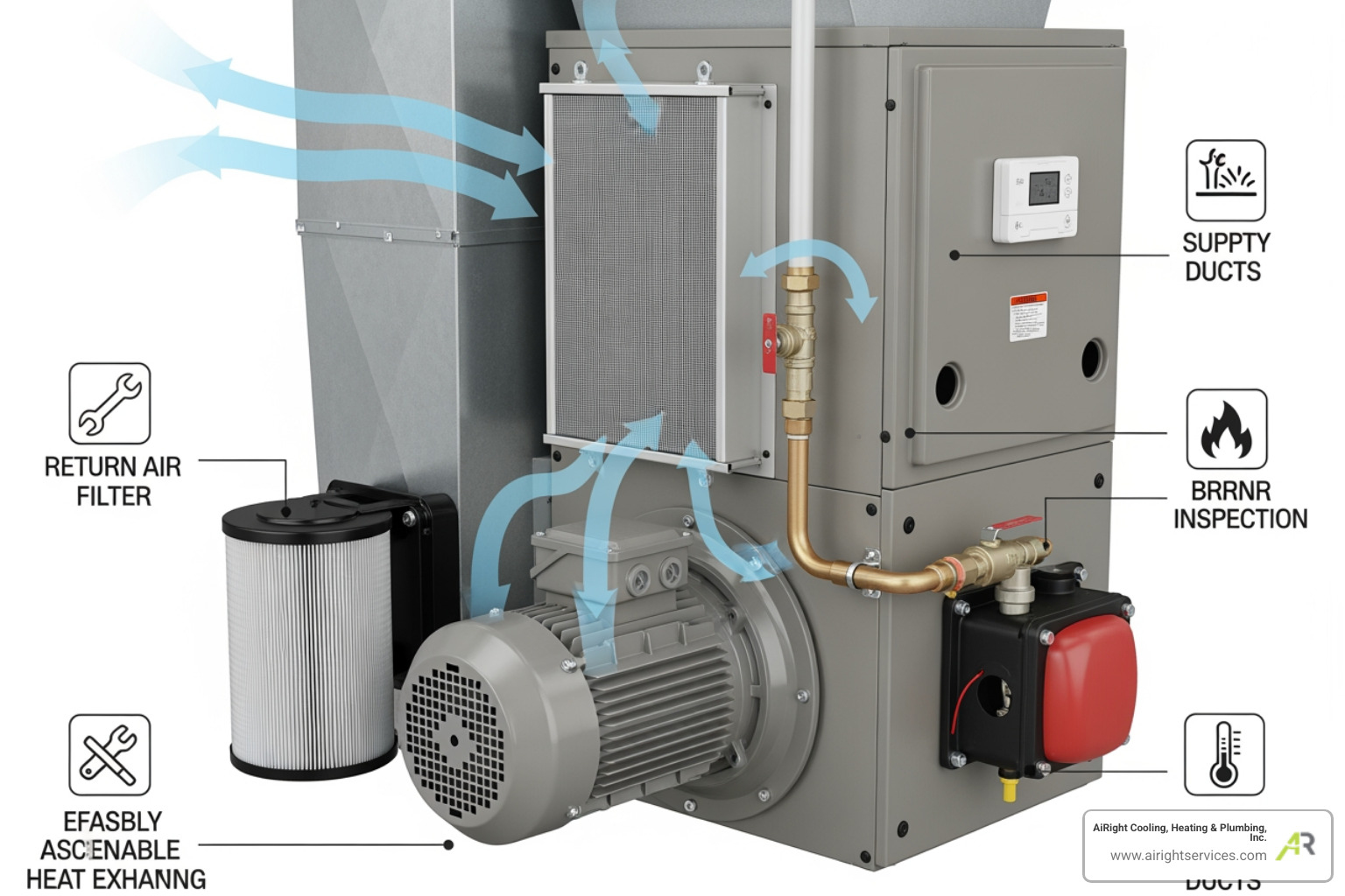 infographic showing commercial furnace components including heat exchanger, blower motor, burner assembly, air filter, thermostat controls, and gas valve with airflow direction and safety check points - commercial furnace repair in carlsbad, ca infographic showing commercial furnace components including heat exchanger, blower motor, burner assembly, air filter, thermostat controls, and gas valve with airflow direction and safety check points - commercial furnace repair in carlsbad, ca