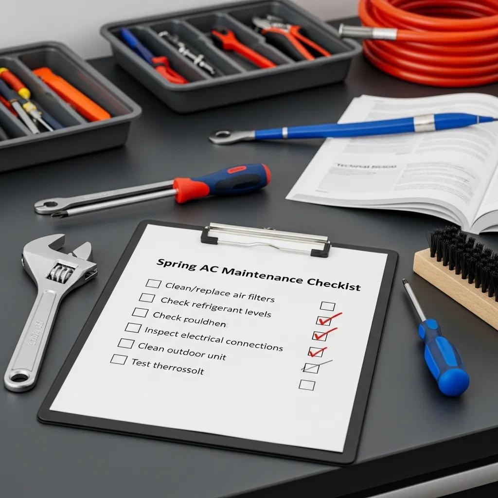 Spring AC maintenance checklist with tools on a clean workspace
