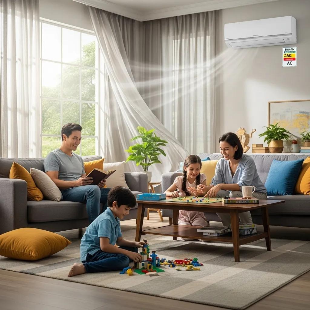 Family enjoying a cool living room during summer with an air conditioning unit in the background