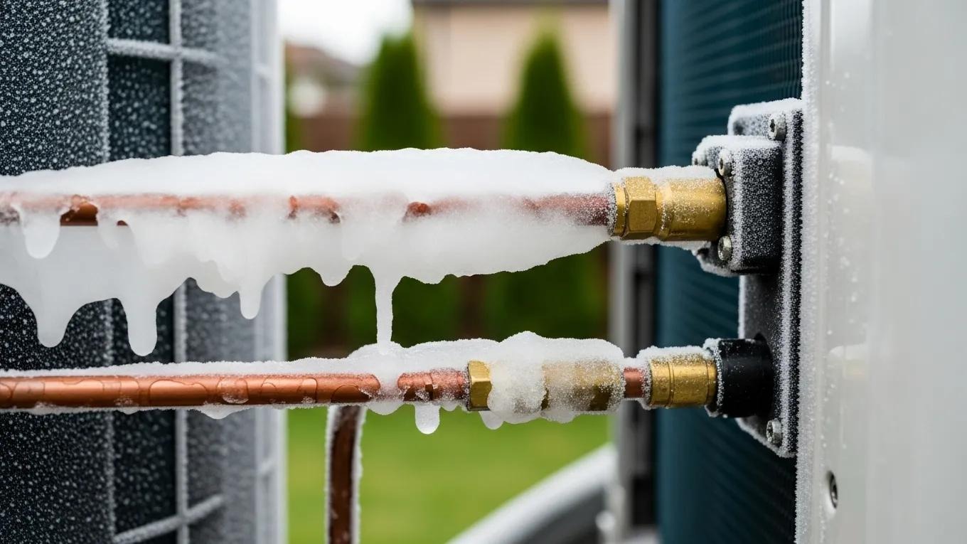 Close-up of air conditioning unit with ice buildup indicating refrigerant leak