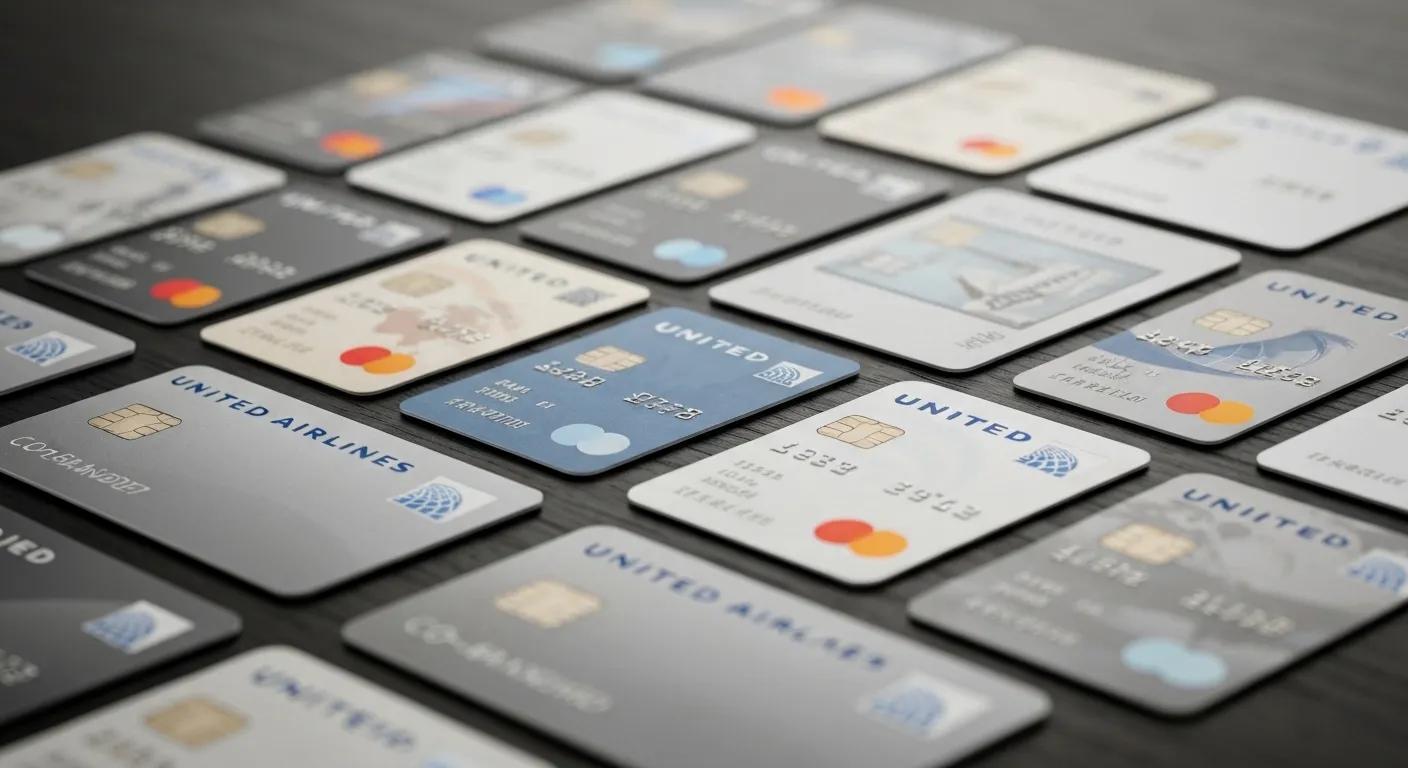 A close-up view of various United Airlines co-branded credit cards laid out on a table