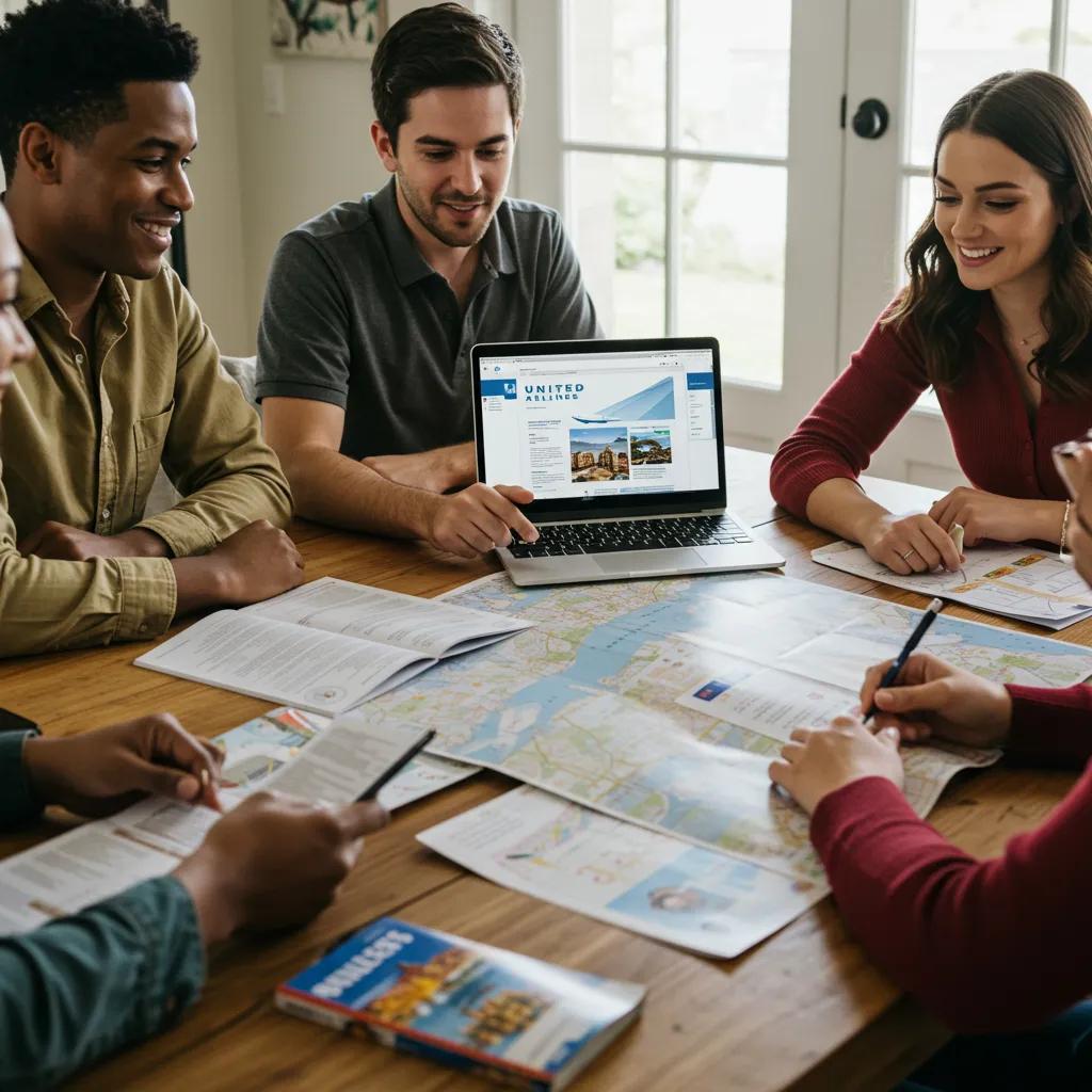 Group of friends planning a trip with travel guides and laptop, maximizing United miles for free flights