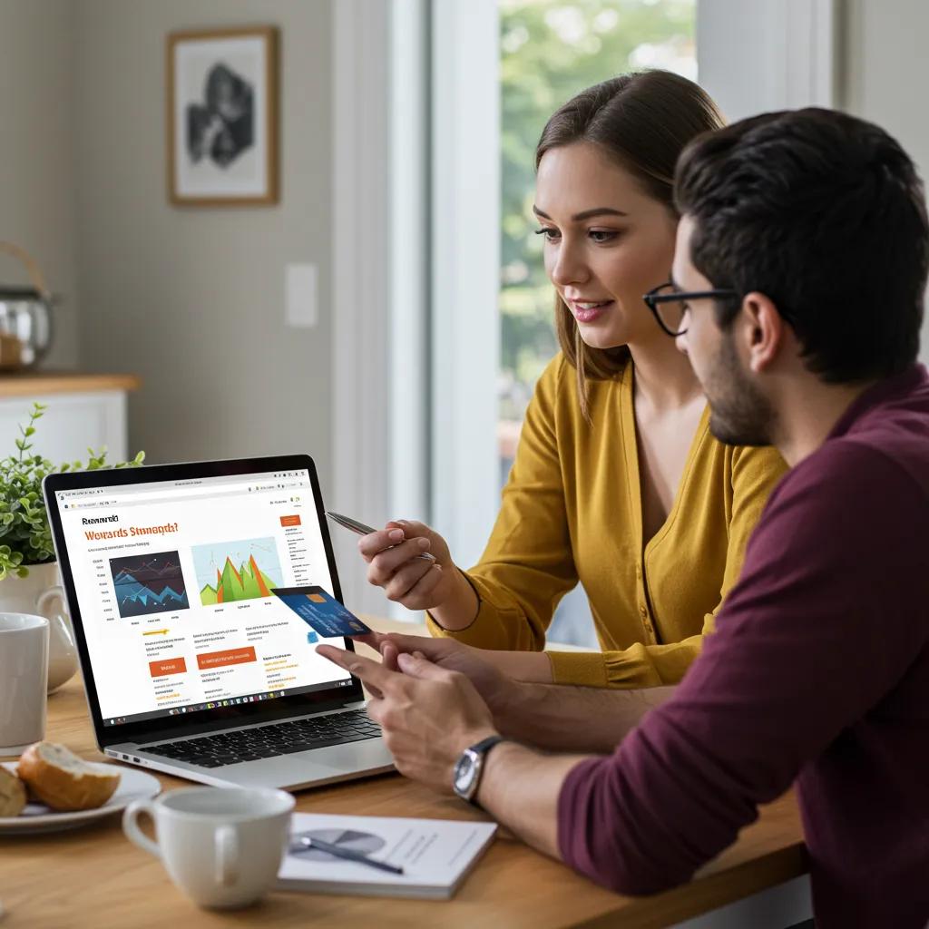 A couple discussing their credit card rewards strategy at a dining table, illustrating ways to maximize benefits