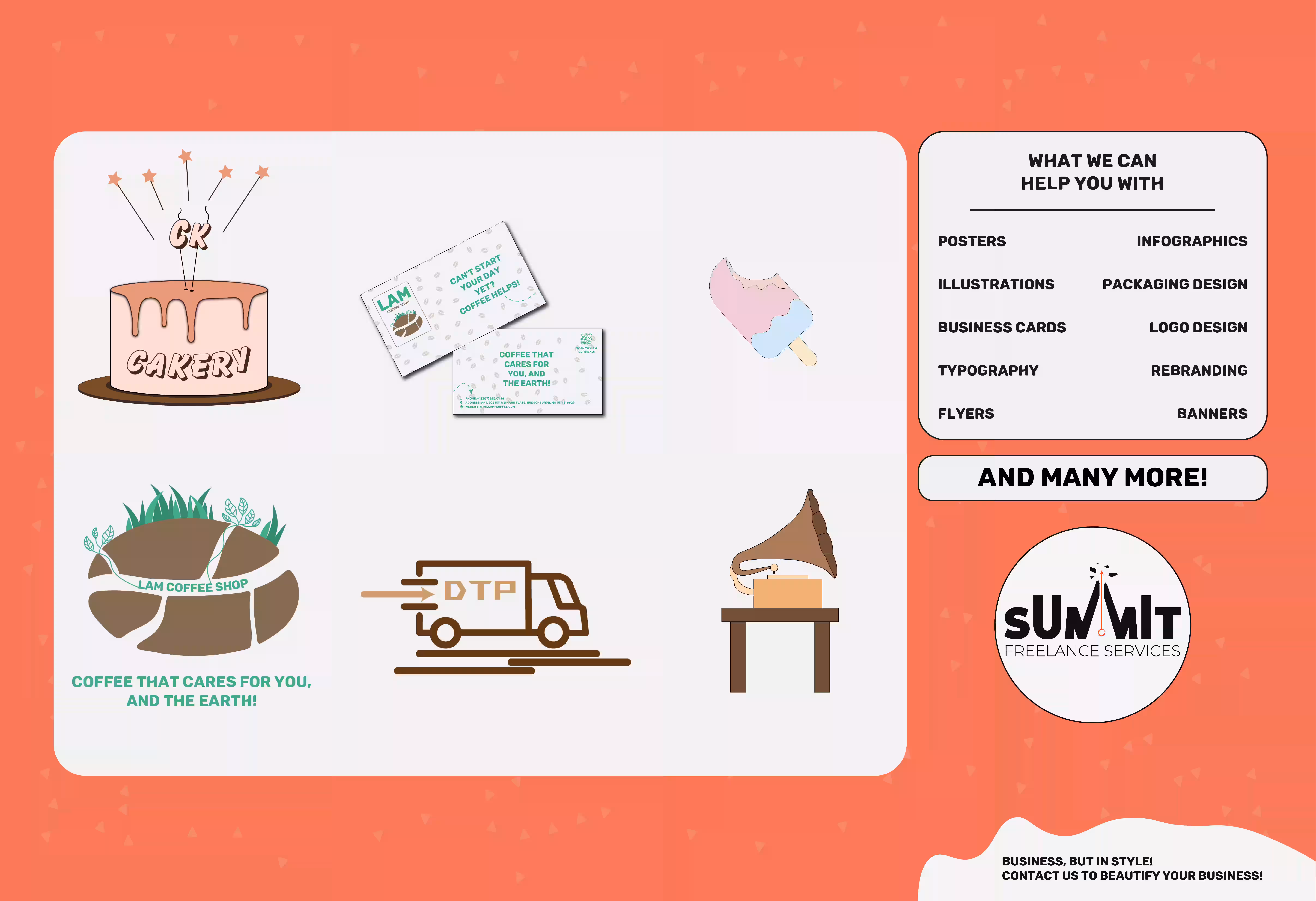 All our graphic design services summarized in a poster. Includes: logo design, poster design, infographic design, package design, illustrations, and many more!