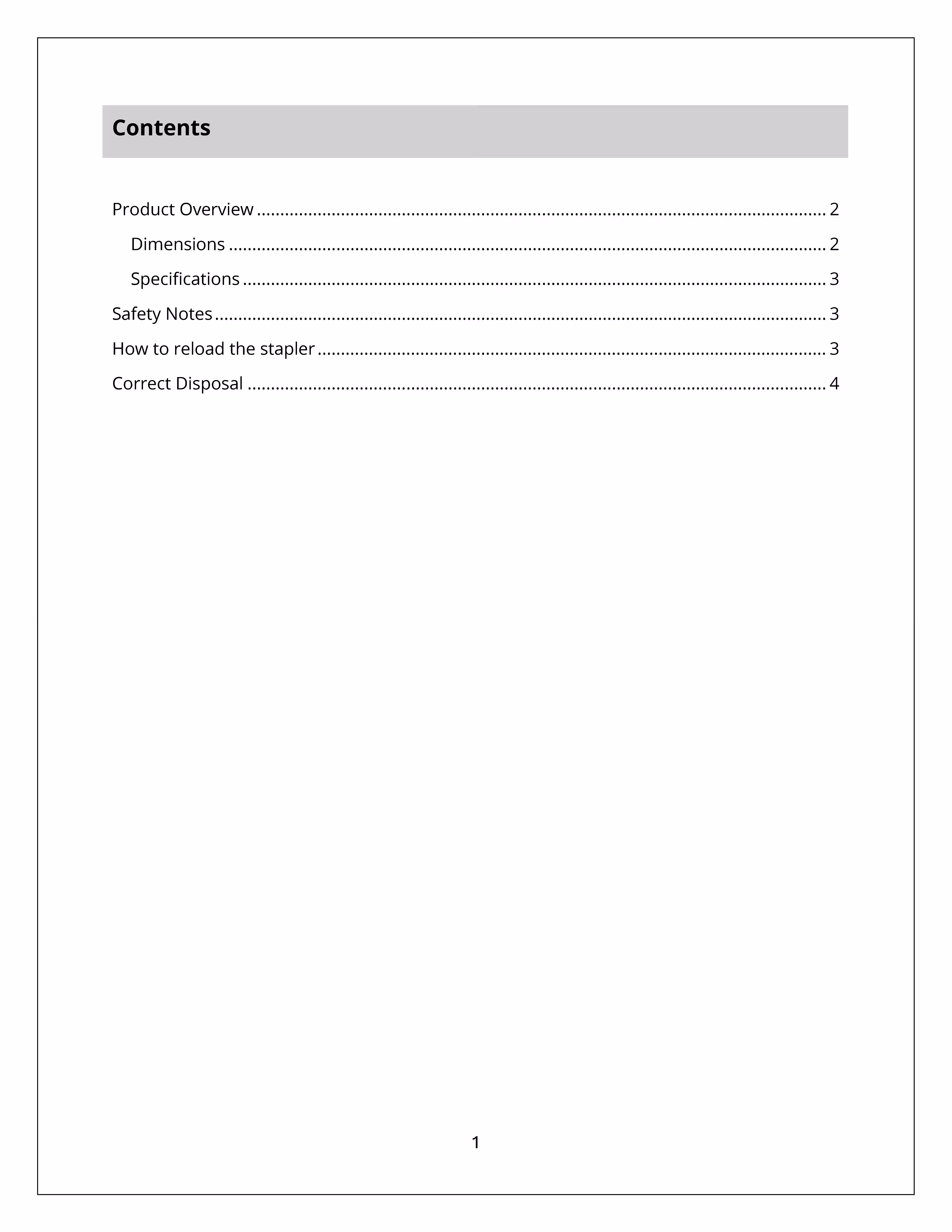 Product manual of a generic stapler with step by step instructions and full specifications.