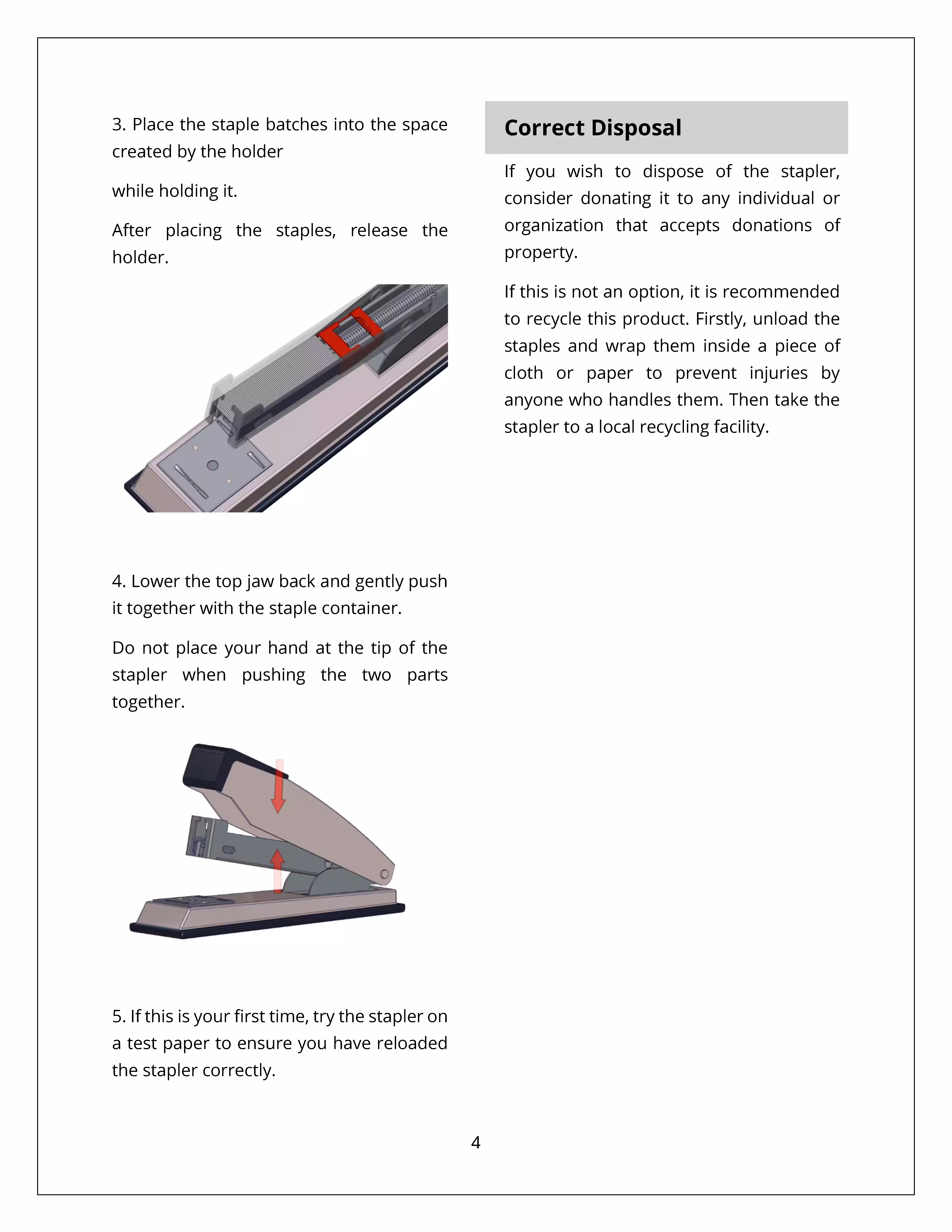 Product manual of a generic stapler with step by step instructions and full specifications.