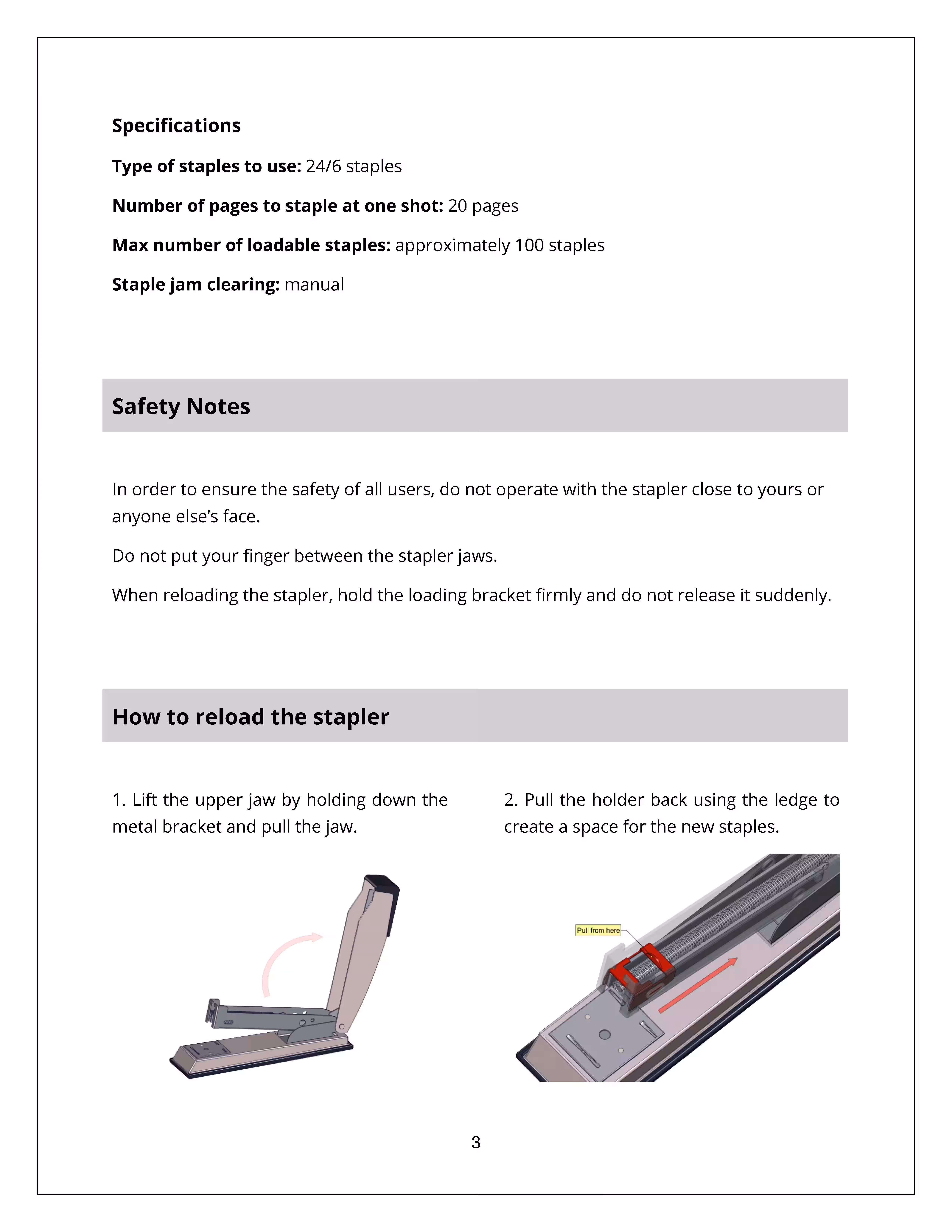 Product manual of a generic stapler with step by step instructions and full specifications.