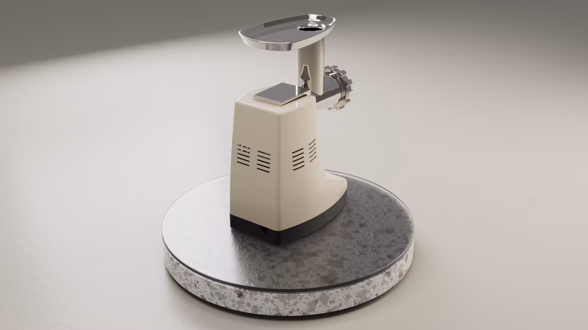 Visualization of a meat grinder using glass and stone environmental elements to match well with the product. The 3D model is a generic meat grinder and is not affiliated with any real-world products or brands. Any match or similarity is purely coincidental.