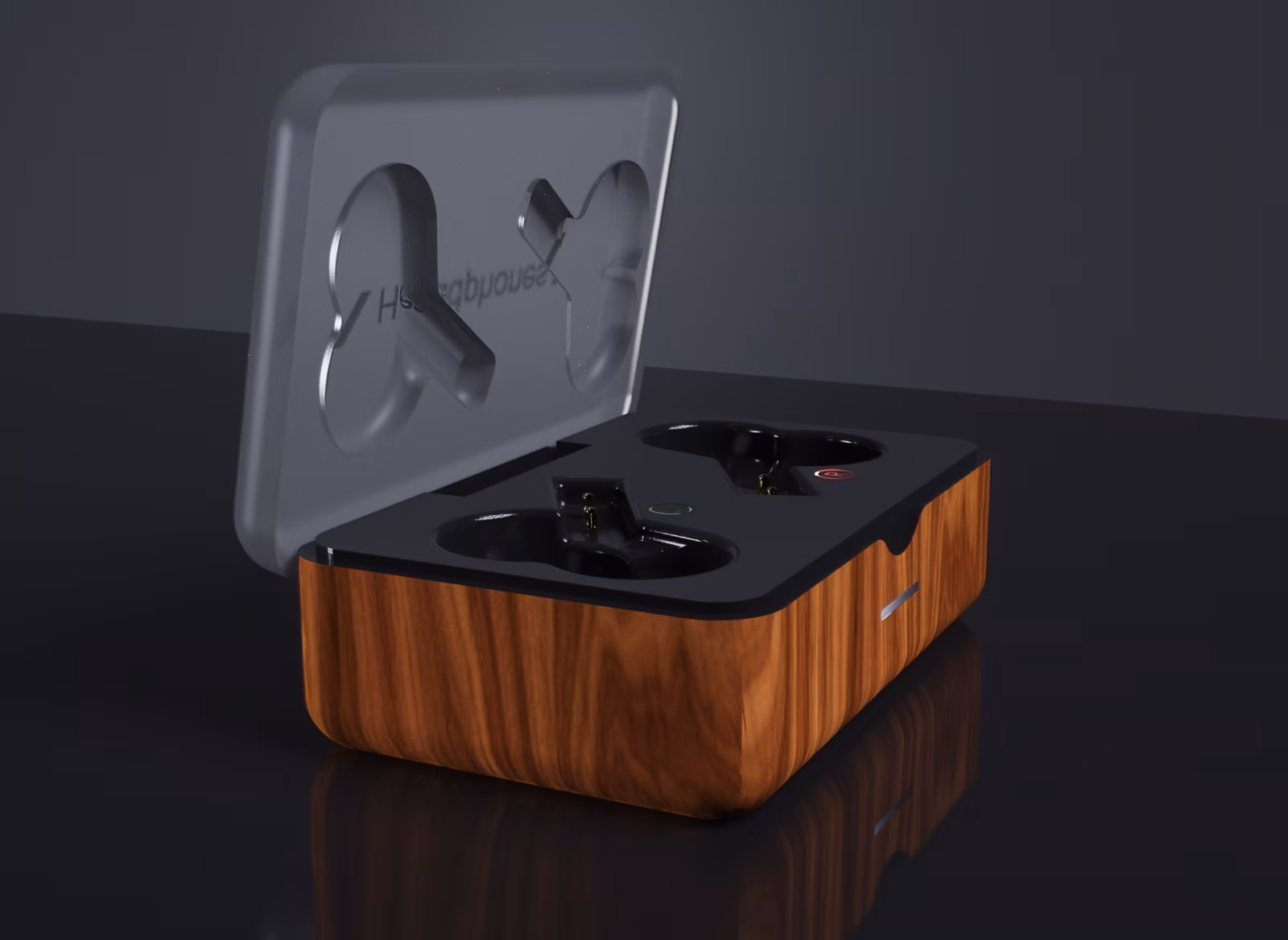 Visualization of an earbuds case with transparent lid and three separate battery indicators. The 3D model is a generic earbuds case and is not affiliated with any real-world products or brands. Any match or similarity is purely coincidental.