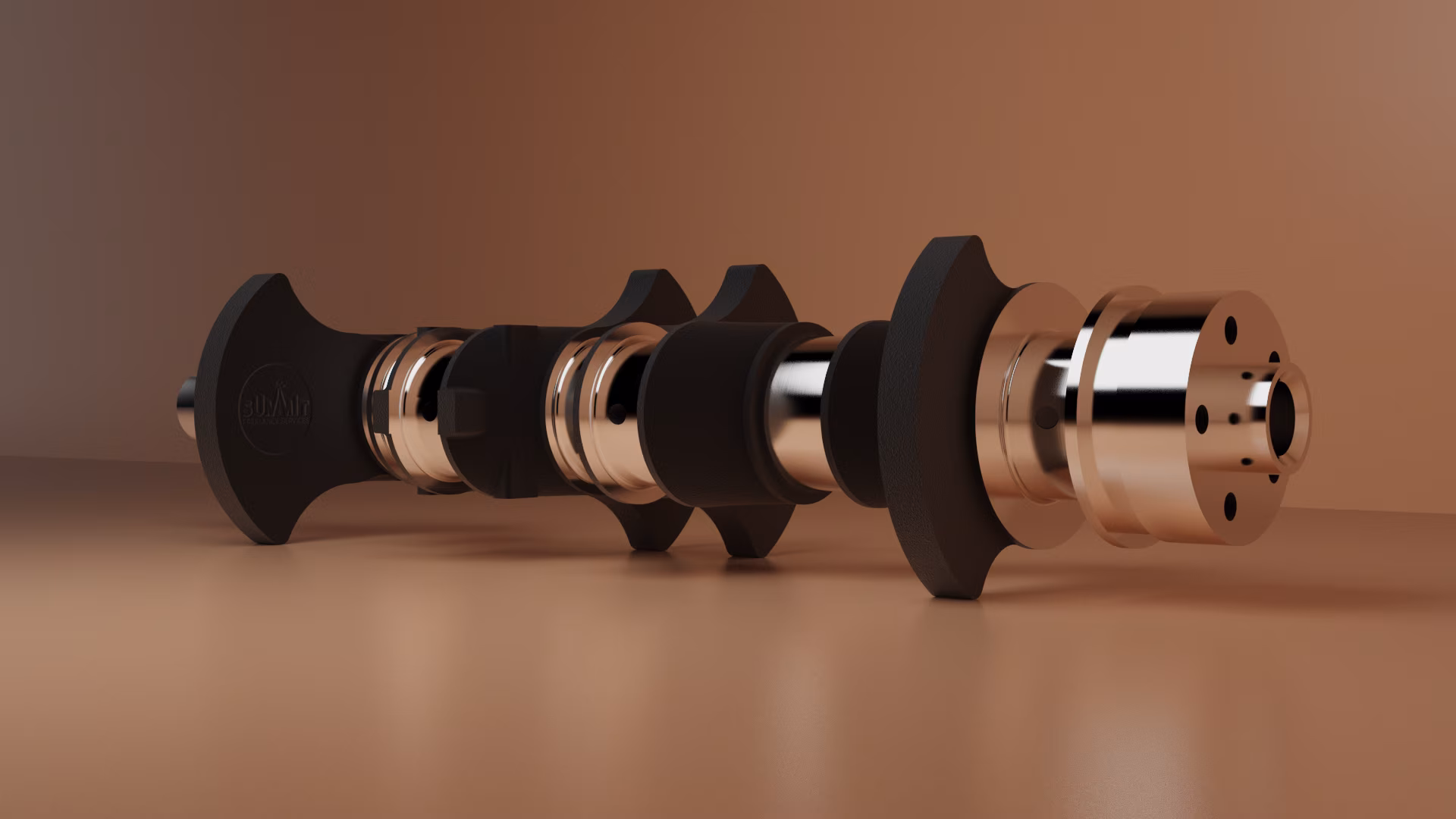 A realistic visualization of a 3D-designed crankshaft focused on specific features of the crankshaft.