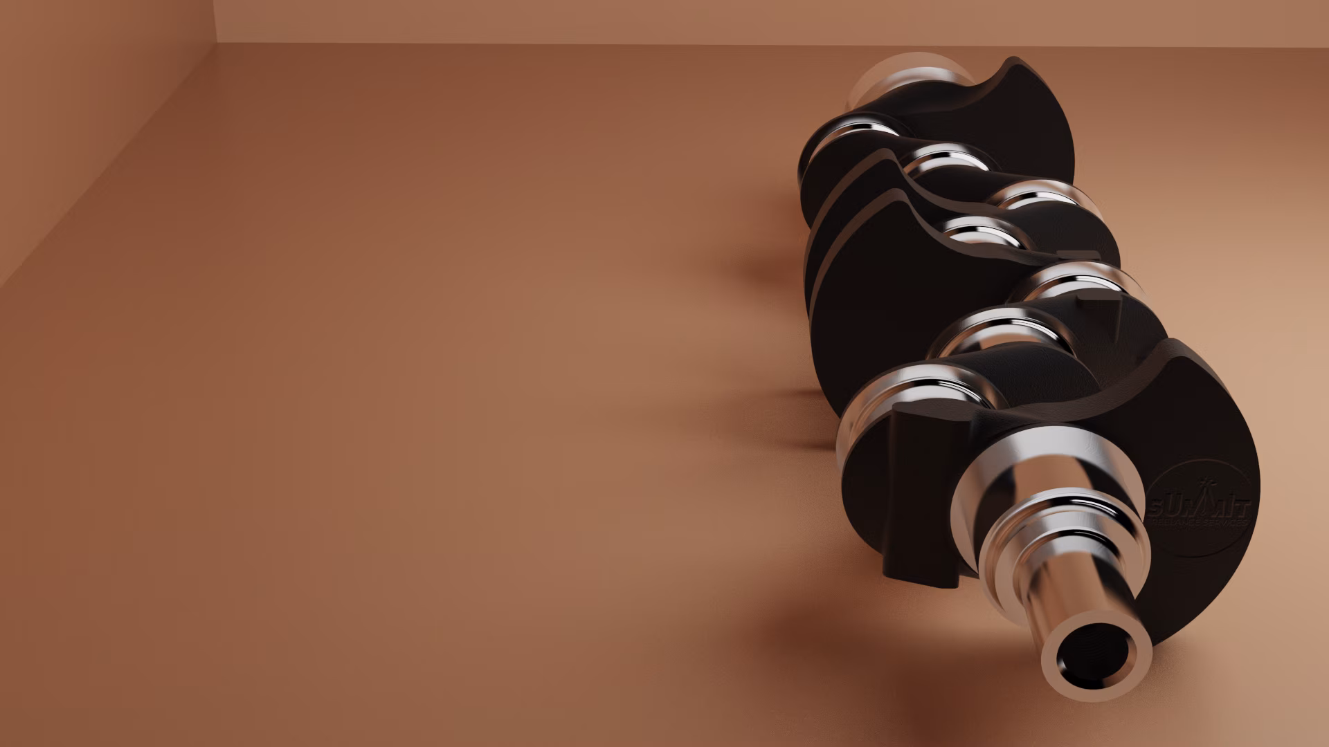 A realistic visualization of a 3D-designed crankshaft focused on specific features of the crankshaft.